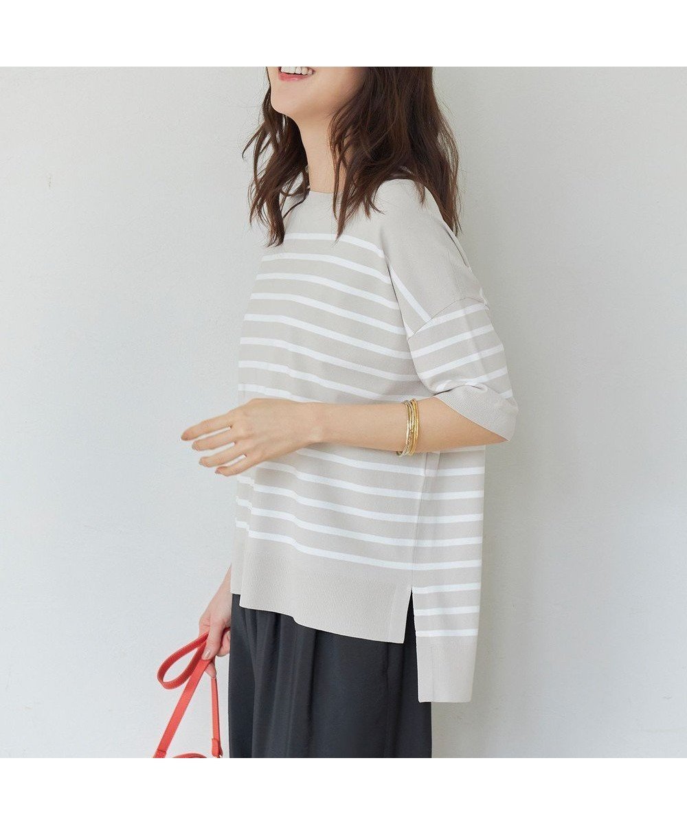 【自由区/JIYU-KU】の【接触冷感・UVカット・WEB限定カラーあり】クレープストレッチプルオーバー ニット インテリア・キッズ・メンズ・レディースファッション・服の通販 founy(ファニー) 　ファッション　Fashion　レディースファッション　Fashion for Women　トップス・カットソー　Cut & Sew Tops　ニット　Knit Tops & Sweaters　カジュアルプルオーバー・ニットトップス　Pullovers & Knit Tops / Casual Pullovers　インナー　Innerwear　エレガント 上品　Elegant　春　Spring　ジャケット　Jacket, Outerwear　ストレッチ　Stretch, Stretchy Fabric　セーター　Sweater, Knitwear　ドレープ　Drape, Draping Fabric　ボーダー　Border, Stripe　S/S・春夏　SS, Spring/Summer, Warm Season　夏　Summer　ベージュ×オフボーダー|ID: prp329100004268546 ipo3291000000033710652