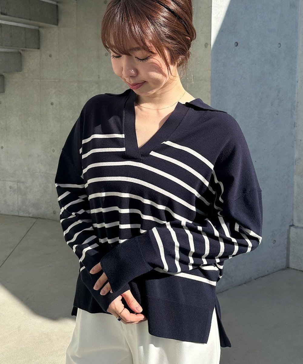 【アンフィーロ 自由区/UNFILO】の【洗える/抗菌防臭】マイビューティ スキッパーニット インテリア・キッズ・メンズ・レディースファッション・服の通販 founy(ファニー) 　ファッション　Fashion　レディースファッション　WOMEN　トップス・カットソー　Tops/Tshirt　ニット　Knit Tops　インナー　Inner　ウォッシャブル　Washable　春　Spring　洗える　Washable　カーディガン　Cardigan　今季　This Season　抗菌　Antibacterial　スキッパー　Skipper　セーター　Sweater　ツイスト　Twist　トレンド　Trend　ヘムライン　Hemline　マニッシュ　Mannish　S/S・春夏　Ss・Spring/Summer　夏　Summer　ネイビー×アイボリー|ID: prp329100004274474 ipo3291000000031964541