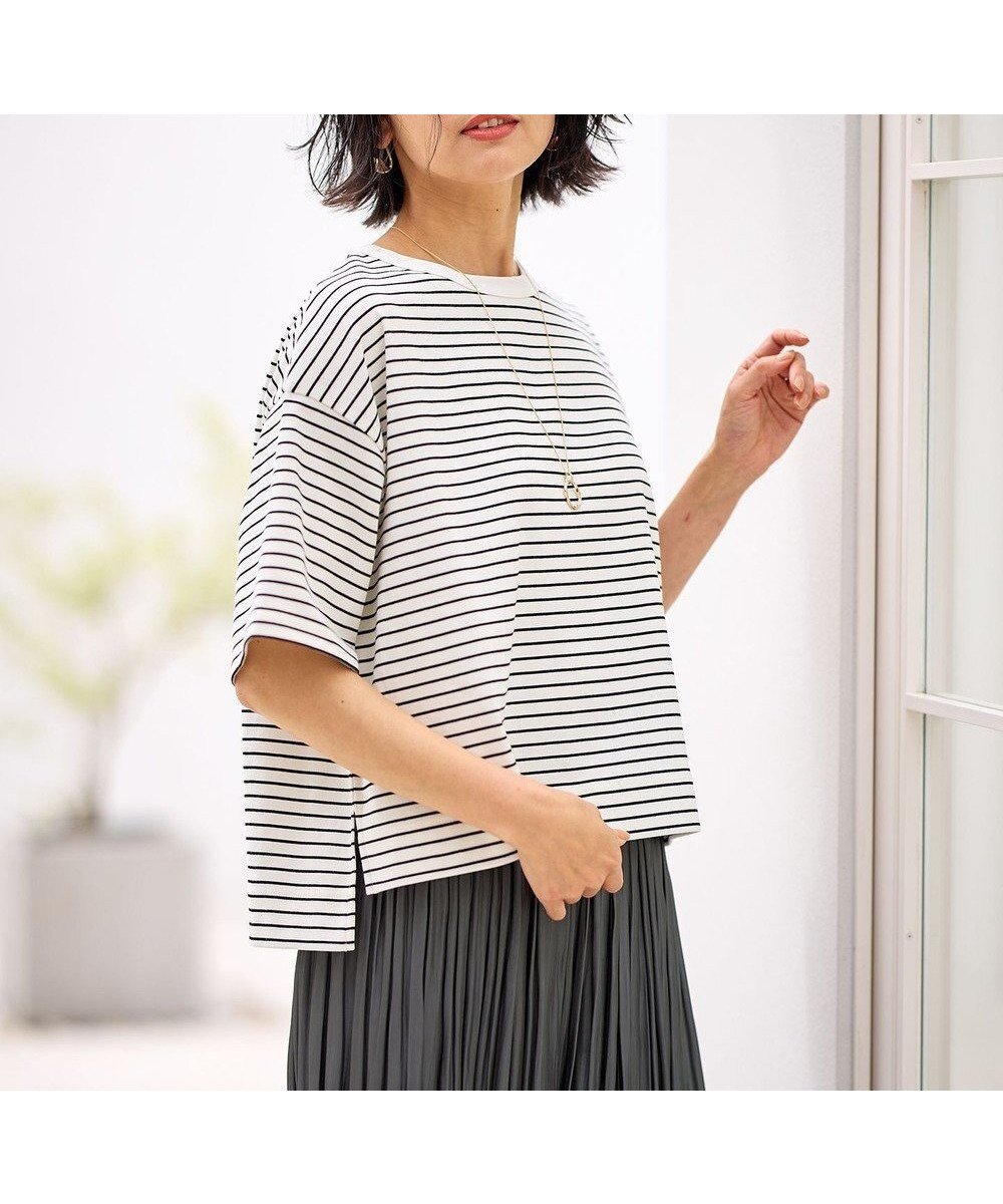 【エニー/ANY】の【洗濯機可】フライスワイドTシャツ インテリア・キッズ・メンズ・レディースファッション・服の通販 founy(ファニー) 　ファッション　Fashion　レディースファッション　Fashion for Women　トップス・カットソー　Cut & Sew Tops　シャツ・ブラウス・オフィスカジュアル　Elegant Blouses & Button-Ups　ロングTシャツ・Tシャツ　Longline T-Shirts & Tees　カットソー・ベーシックTシャツ　Cut-and-Sewn Tops / Stretch Tees & Basics　カットソー　Cut and Sewn Top　コンパクト　Compact, Small Size　スリット　Slit, Slit Detail　ワイド　Wide, Wide Fit　夏　Summer　春　Spring　S/S・春夏　SS, Spring/Summer, Warm Season　ボーダー|ID: prp329100004276458 ipo3291000000034464269