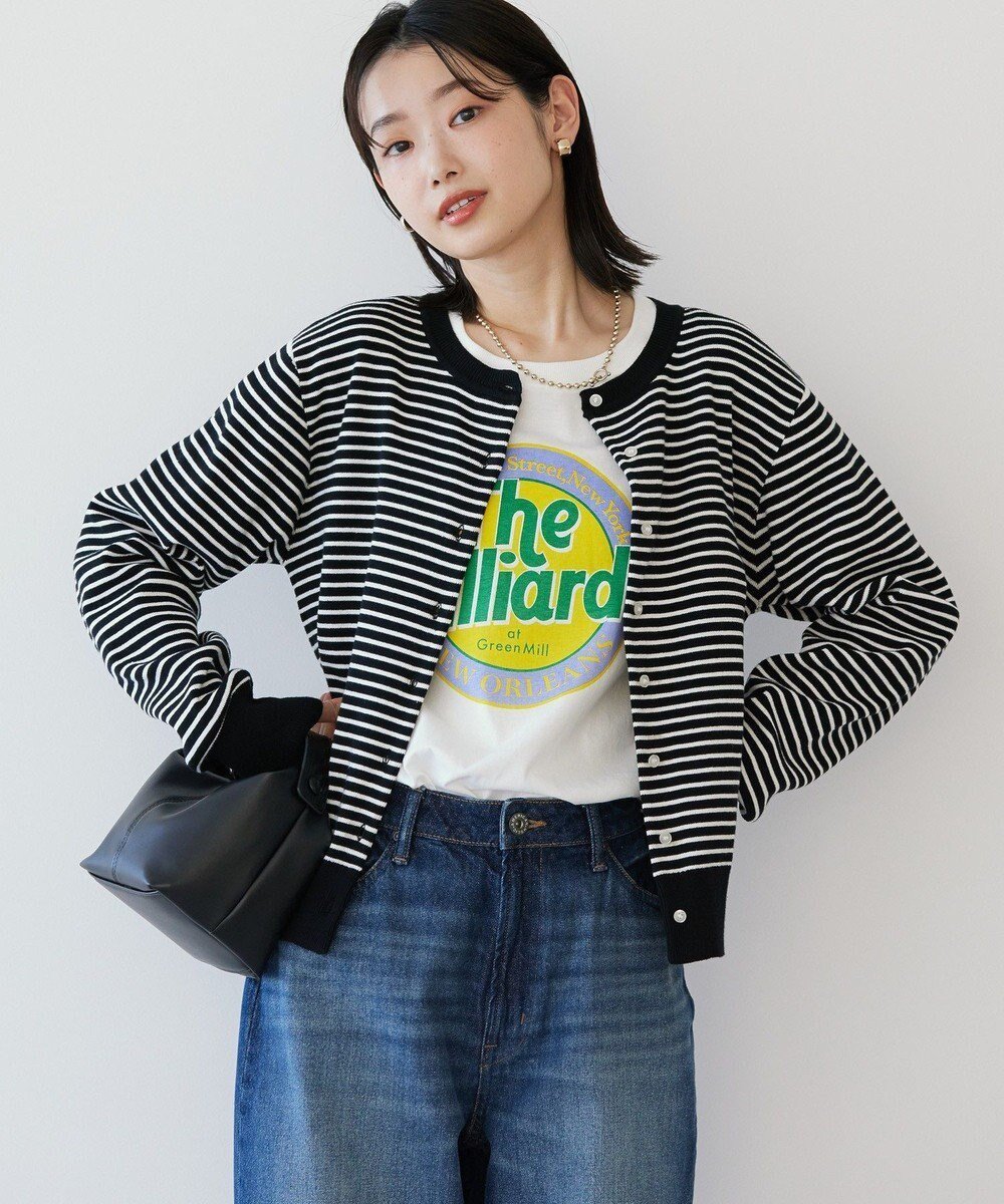 【アメリカンホリック/AMERICAN HOLIC】のクルーネックニットカーディガン インテリア・キッズ・メンズ・レディースファッション・服の通販 founy(ファニー) 　ファッション　Fashion　レディースファッション　WOMEN　トップス・カットソー　Tops/Tshirt　ニット　Knit Tops　カーディガン　Cardigans　カーディガン　Cardigan　シンプル　Simple　ダウン　Down　ボーダー　Border　夏　Summer　春　Spring　S/S・春夏　Ss・Spring/Summer　洗える　Washable　Border Black|ID: prp329100004358506 ipo3291000000031962531