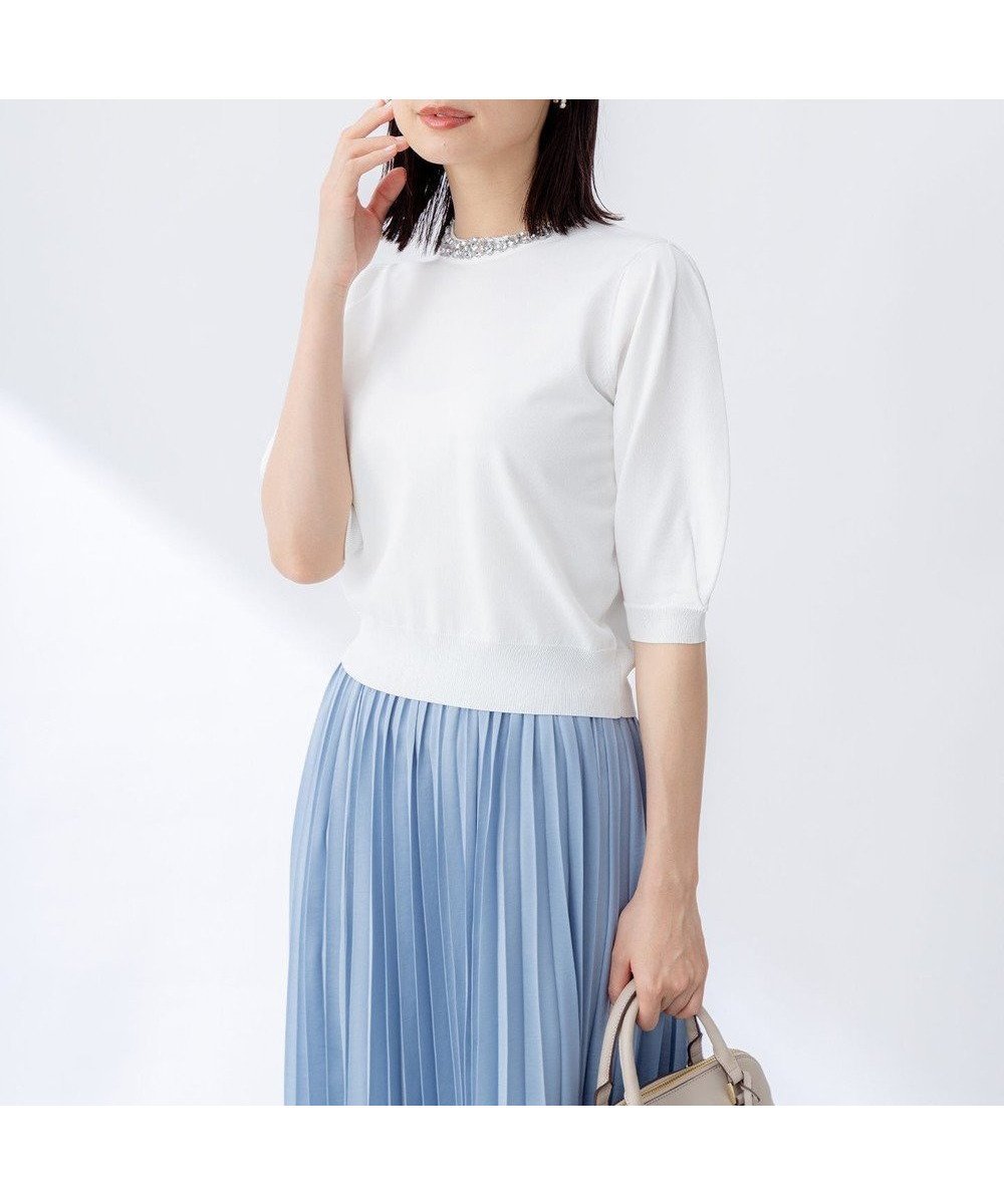 【組曲/KUMIKYOKU】の【WEB限定・UVケア】ビジューパフスリーブ ニット 人気、トレンドファッション・服の通販 founy(ファニー) 　ファッション　Fashion　レディースファッション　WOMEN　トップス・カットソー　Tops/Tshirt　ニット　Knit Tops　アンサンブル　Ensemble　エレガント 上品　Elegant　春　Spring　カーディガン　Cardigan　ジャケット　Jacket　ストレッチ　Stretch　スリーブ　Sleeve　セーター　Sweater　デニム　Denim　ネックレス　Necklace　S/S・春夏　Ss・Spring/Summer　おすすめ　Recommend　夏　Summer　 other-1|ID: prp329100004363359 ipo3291000000031609459