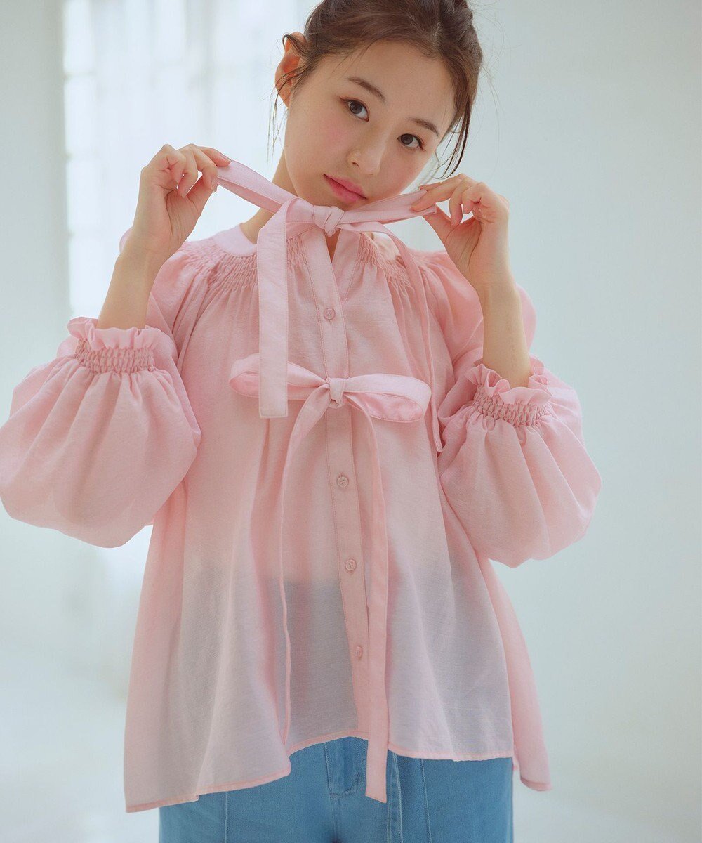 【フェルゥ/Feroux】の【洗える】ダブルリボンシアー ブラウス インテリア・キッズ・メンズ・レディースファッション・服の通販 founy(ファニー) 　ファッション　Fashion　レディースファッション　Fashion for Women　トップス・カットソー　Cut & Sew Tops　シャツ・ブラウス・オフィスカジュアル　Elegant Blouses & Button-Ups　キャミソール　Camisole, Spaghetti Strap Top　シャーリング　Shirring, Ruched　デニム　Denim, Jeans Material　フロント　Front, Front Design　リゾート　Resort, Vacation Style　リボン　Ribbon, Bow　リラックス　Relax, Relaxed Fit　夏　Summer　春　Spring　S/S・春夏　SS, Spring/Summer, Warm Season　洗える　Machine Washable　長袖　Long Sleeve, Full Sleeve　ピンク系|ID: prp329100004365454 ipo3291000000033226032
