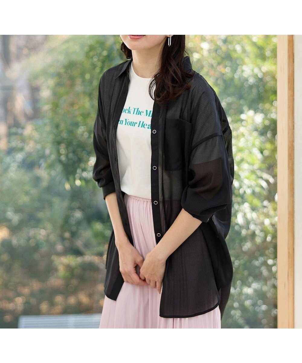 【エニィファム/any FAM】の【洗濯機可】シアーストライプシャツ インテリア・キッズ・メンズ・レディースファッション・服の通販 founy(ファニー) 　ファッション　Fashion　レディースファッション　Fashion for Women　トップス・カットソー　Cut & Sew Tops　シャツ・ブラウス・オフィスカジュアル　Elegant Blouses & Button-Ups　ストライプ　Stripe, Striped Pattern　デニム　Denim, Jeans Material　トレンド　Trend, Trending Now　夏　Summer　春　Spring　S/S・春夏　SS, Spring/Summer, Warm Season　羽織　Haori, Light Jacket　ブラック|ID: prp329100004386442 ipo3291000000033220499