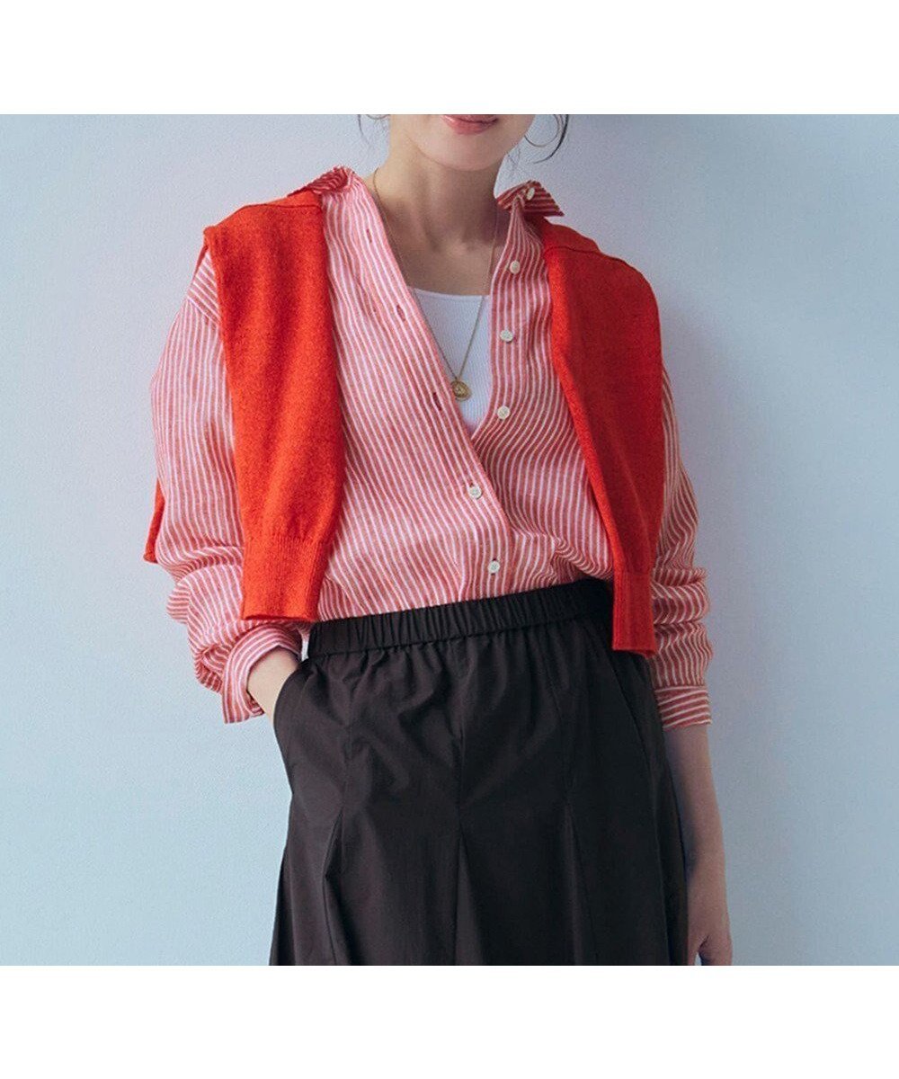 【23区/NIJYUSANKU】の【杏さん着用】LIBECO ベーシック シャツ インテリア・キッズ・メンズ・レディースファッション・服の通販 founy(ファニー) 　ファッション　Fashion　レディースファッション　Fashion for Women　トップス・カットソー　Cut & Sew Tops　シャツ・ブラウス・オフィスカジュアル　Elegant Blouses & Button-Ups　春　Spring　クロップド　Cropped, Short Length　シンプル　Simple, Minimal　ストライプ　Stripe, Striped Pattern　スリーブ　Sleeve, Long Sleeve / Short Sleeve　ベーシック　Basic, Essential　無地　Plain, Solid Color　ラベンダー　Lavender　リネン　Linen, Linen Fabric　S/S・春夏　SS, Spring/Summer, Warm Season　夏　Summer　2025年　2025　2025春夏・S/S　Spring/Summer 2025 SS25　トマトストライプ|ID: prp329100004389139 ipo3291000000031855642