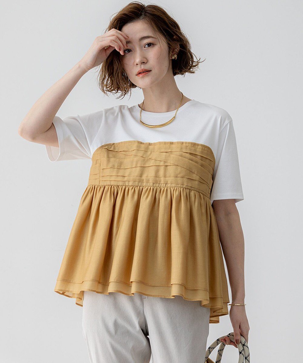 【23区/NIJYUSANKU】の【杏さん着用/WEB 一部店舗限定カラーあり】オーガンジービスチェコンビ カットソー インテリア・キッズ・メンズ・レディースファッション・服の通販 founy(ファニー) 　ファッション　Fashion　レディースファッション　Fashion for Women　トップス・カットソー　Cut & Sew Tops　シャツ・ブラウス・オフィスカジュアル　Elegant Blouses & Button-Ups　ロングTシャツ・Tシャツ　Longline T-Shirts & Tees　カットソー・ベーシックTシャツ　Cut-and-Sewn Tops / Stretch Tees & Basics　ビスチェ　Bustiers & Corset Tops / Layered Bustier Style　イエロー　Yellow　イレギュラー　Irregular Design　オーガンジー　Organza Fabric　春　Spring　カットソー　Cut and Sewn Top　コンビ　Combo, Combination Style　シルケット　Silket, Silky Cotton　ビスチェ　Bustier, Corset Top　半袖　Short Sleeve, Half Sleeve　レギュラー　Regular, Standard Fit　S/S・春夏　SS, Spring/Summer, Warm Season　おすすめ　Recommended / Our Picks　夏　Summer　エレガント 上品　Elegant　2025年　2025　2025春夏・S/S　Spring/Summer 2025 SS25　イエロー系|ID: prp329100004389141 ipo3291000000032642366