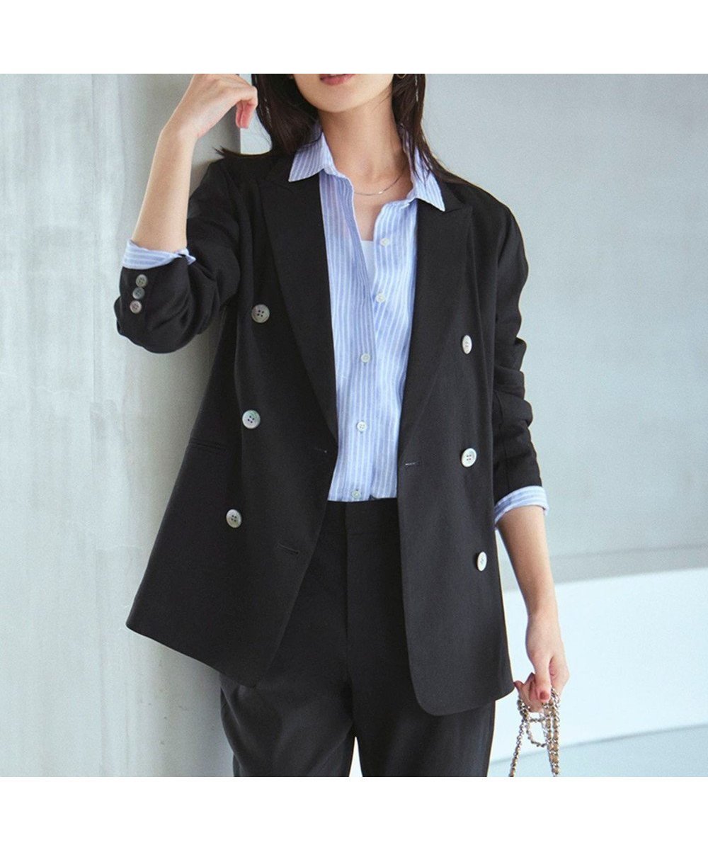 【23区/NIJYUSANKU】の【洗える】リネンレーヨンストレッチ ダブル ジャケット インテリア・キッズ・メンズ・レディースファッション・服の通販 founy(ファニー) 　ファッション　Fashion　レディースファッション　Fashion for Women　アウター　Coat / Outerwear Collection　レディースジャケット・軽アウター　Jackets　テーラードジャケット / 通勤・きれいめスタイル　Tailored Jackets & Blazers　春　Spring　洗える　Machine Washable　ジャケット　Jacket, Outerwear　ストレッチ　Stretch, Stretchy Fabric　セットアップ　Set-Up, Coordinated Outfit　ダブル　Double, Double-Breasted　フロント　Front, Front Design　リネン　Linen, Linen Fabric　リラックス　Relax, Relaxed Fit　ワイド　Wide, Wide Fit　S/S・春夏　SS, Spring/Summer, Warm Season　おすすめ　Recommended / Our Picks　夏　Summer　2025年　2025　2025春夏・S/S　Spring/Summer 2025 SS25　ブラック系|ID: prp329100004389160 ipo3291000000032757991