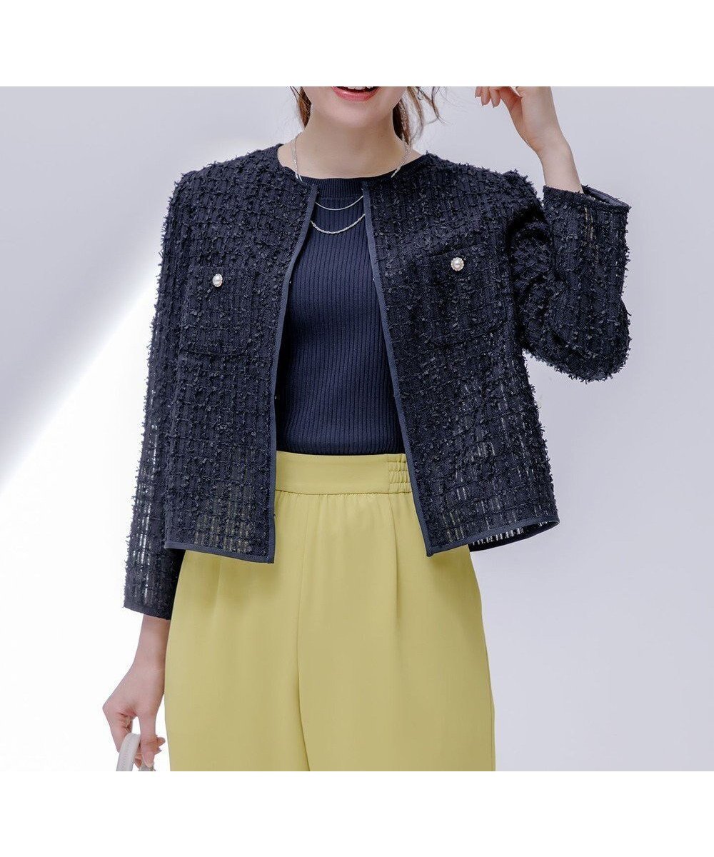 【エニィ スィス/any SiS】のリボンヤーンシアーツイード ジャケット インテリア・キッズ・メンズ・レディースファッション・服の通販 founy(ファニー) 　ファッション　Fashion　レディースファッション　Fashion for Women　アウター　Coat / Outerwear Collection　レディースジャケット・軽アウター　Jackets　ノーカラージャケット / シンプル上品コーデ　Collarless Jackets　春　Spring　カーディガン　Cardigan, Knitwear　グログラン　Grosgrain, Grosgrain Ribbon　ジャケット　Jacket, Outerwear　ツイード　Twill, Twill Weave　デニム　Denim, Jeans Material　トリミング　Trimming, Decorative Edge　トレンド　Trend, Trending Now　パール　Pearl, Pearl Accent　フロント　Front, Front Design　ポケット　Pocket, Pocket Detail　S/S・春夏　SS, Spring/Summer, Warm Season　おすすめ　Recommended / Our Picks　夏　Summer　エレガント 上品　Elegant　新作・新入荷　New Arrivals / New In　ネイビー|ID: prp329100004391904 ipo3291000000030974343