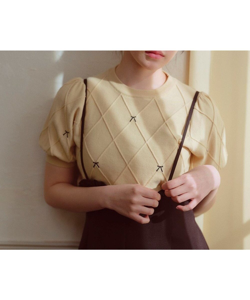 【フェルゥ/Feroux】の【洗える】リボン刺繍ダイヤ柄 ニット インテリア・キッズ・メンズ・レディースファッション・服の通販 founy(ファニー) 　ファッション　Fashion　レディースファッション　WOMEN　トップス・カットソー　Tops/Tshirt　ニット　Knit Tops　スリーブ　Sleeve　セーター　Sweater　デニム　Denim　バルーン　Balloon　フェミニン　Feminine　ベーシック　Basic　リボン　Ribbon　夏　Summer　春　Spring　S/S・春夏　Ss・Spring/Summer　洗える　Washable　ベージュ系|ID: prp329100004392177 ipo3291000000030897802