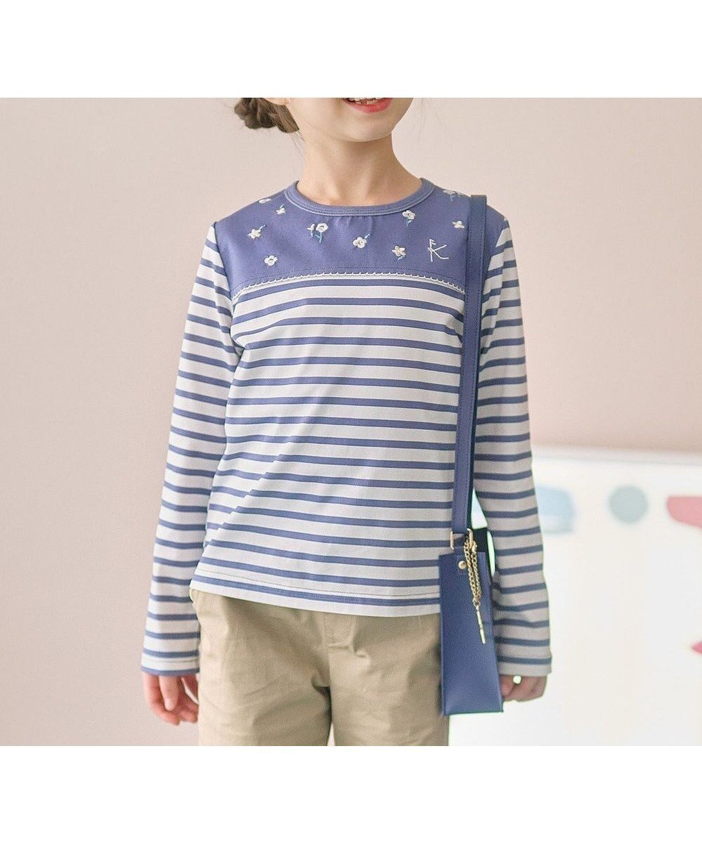 【組曲 / KIDS/KUMIKYOKU】の【110-140㎝】フラワー刺繍ボーダー Tシャツ インテリア・キッズ・メンズ・レディースファッション・服の通販 founy(ファニー) 　ファッション　Fashion　キッズファッション　KIDS Children’s Clothing　トップス・カットソー　Tops/Tees/Kids　カットソー　Cut And Sew　フラワー　Flower　プレーン　Plane　ボーダー　Border　夏　Summer　春　Spring　S/S・春夏　Ss・Spring/Summer　ダスクブルー系|ID: prp329100004397993 ipo3291000000032649451