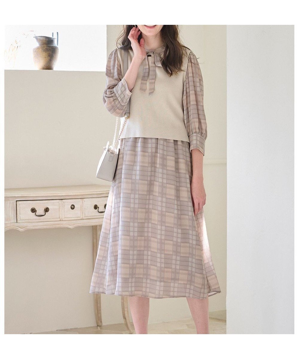 【エニィ スィス/any SiS】の【2SET】ニットジレワンピース セット インテリア・キッズ・メンズ・レディースファッション・服の通販 founy(ファニー) 　ファッション　Fashion　レディースファッション　WOMEN　アウター　Coat Outerwear　春　Spring　シアー　Sheer　スリーブ　Sleeve　セットアップ　Set Up　チェック　Check　フィット　Fit　フレア　Flare　プリント　Print　リボン　Ribbon　ループ　Loop　S/S・春夏　Ss・Spring/Summer　夏　Summer　エレガント 上品　Elegant　ベージュ系|ID: prp329100004398602 ipo3291000000031966359