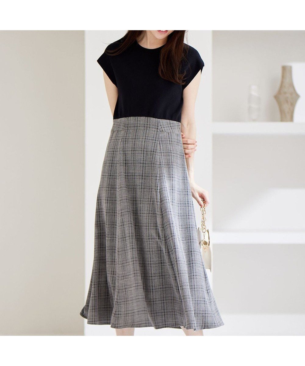 【エニィ スィス/any SiS】の【洗える】ニットコンビ ワンピース インテリア・キッズ・メンズ・レディースファッション・服の通販 founy(ファニー) 　ファッション　Fashion　レディースファッション　Fashion for Women　ワンピース　Dresses　コンビ　Combo, Combination Style　ストレッチ　Stretch, Stretchy Fabric　チェック　Check, Plaid, Tartan　フレア　Flare, Flared　エレガント 上品　Elegant　再入荷　Restock / Back in Stock　夏　Summer　春　Spring　S/S・春夏　SS, Spring/Summer, Warm Season　洗える　Machine Washable　ブラック系|ID: prp329100004399593 ipo3291000000032659785