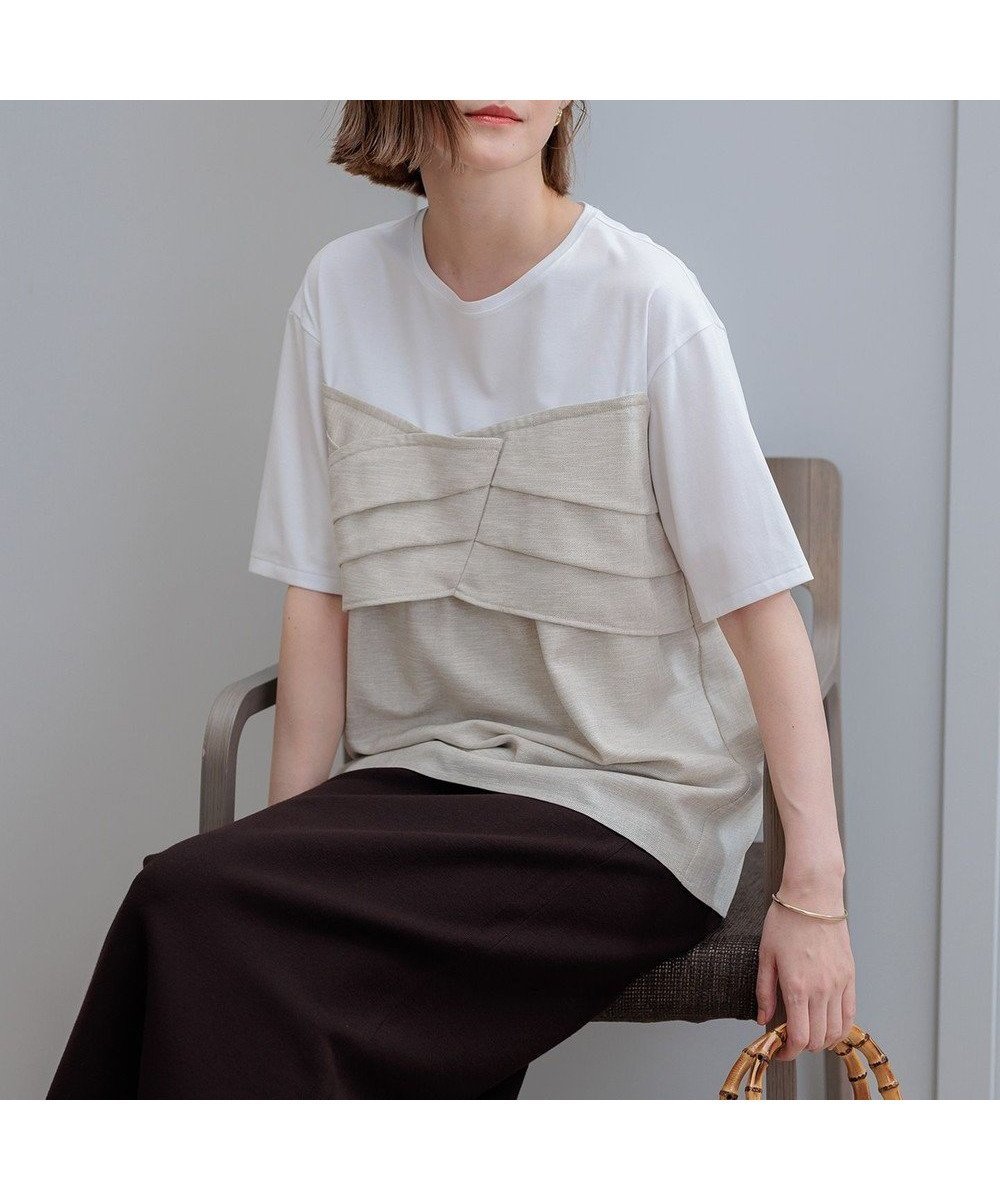 【23区/NIJYUSANKU】の【WEB限定カラーあり/洗える】スムースデザイン コンビ カットソー インテリア・キッズ・メンズ・レディースファッション・服の通販 founy(ファニー) 　ファッション　Fashion　レディースファッション　Fashion for Women　トップス・カットソー　Cut & Sew Tops　シャツ・ブラウス・オフィスカジュアル　Elegant Blouses & Button-Ups　ロングTシャツ・Tシャツ　Longline T-Shirts & Tees　カットソー・ベーシックTシャツ　Cut-and-Sewn Tops / Stretch Tees & Basics　春　Spring　洗える　Machine Washable　カットソー　Cut and Sewn Top　コンビ　Combo, Combination Style　シルケット　Silket, Silky Cotton　雑誌　Magazine, Fashion Magazine　ツイル　Twist, Twisted Detail　デニム　Denim, Jeans Material　ドレープ　Drape, Draping Fabric　定番　Standard, Basic Item　ビスチェ　Bustier, Corset Top　ボトム　Bottoms, Lower Wear　S/S・春夏　SS, Spring/Summer, Warm Season　おすすめ　Recommended / Our Picks　夏　Summer　ベージュ系|ID: prp329100004404166 ipo3291000000032758109
