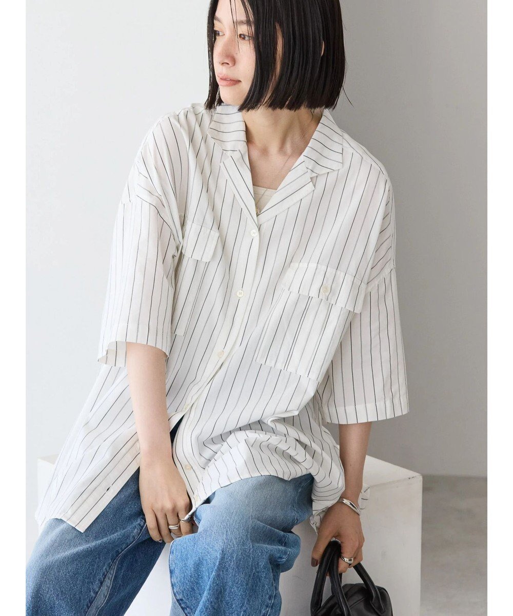 【アメリカンホリック/AMERICAN HOLIC】の接触冷感+UVカットWポケットBIGシャツチュニック インテリア・キッズ・メンズ・レディースファッション・服の通販 founy(ファニー) 　ファッション　Fashion　レディースファッション　WOMEN　ワンピース　Dress　チュニック　Tunic　おすすめ　Recommend　ダウン　Down　ダブル　Double　チュニック　Tunic　ビッグ　Big　ポケット　Pocket　A/W・秋冬　Aw・Autumn/Winter・Fw・Fall-Winter　Stripe Ivory|ID: prp329100004405341 ipo3291000000031917054