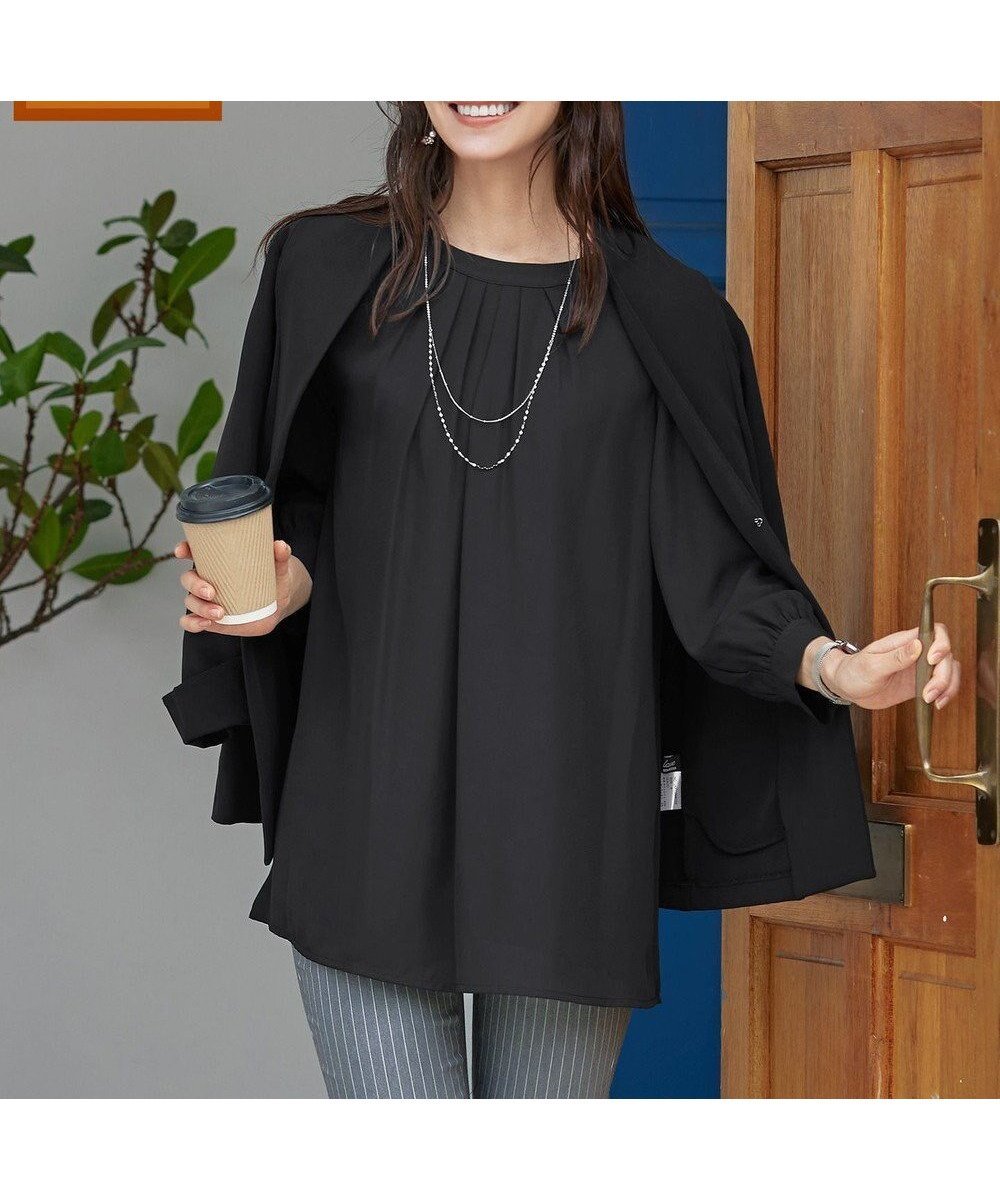 【ティアクラッセ/Tiaclasse】の【新色追加・洗える】裏起毛ジョーゼット胸元タックチュニックブラウス インテリア・キッズ・メンズ・レディースファッション・服の通販 founy(ファニー) 　ファッション　Fashion　レディースファッション　Fashion for Women　トップス・カットソー　Cut & Sew Tops　シャツ・ブラウス・オフィスカジュアル　Elegant Blouses & Button-Ups　アクセサリー　Fashion Accessories　ウォッシャブル　Machine Washable　春　Spring　洗える　Machine Washable　秋　Autumn　シンプル　Simple, Minimal　ジョーゼット　Georgette, Semi-Sheer Fabric　スマート　Smart, Elegant　スリーブ　Sleeve, Long Sleeve / Short Sleeve　チュニック　Tunic, Long Top　ドレープ　Drape, Draping Fabric　長袖　Long Sleeve, Full Sleeve　フェミニン　Feminine, Girly　フォーマル　Formal, Dressy　フレア　Flare, Flared　ブローチ　Brooch, Pin Brooch　ポケット　Pocket, Pocket Detail　ラウンド　Round, Round Neck　ロング　Long, Long-Length　冬　Winter / This Winter　A/W・秋冬　Autumn/Winter　再入荷　Restock / Back in Stock　新作・新入荷　New Arrivals / New In　ビジネス 仕事 通勤　Business / Work / Commuting　ブラック|ID: prp329100004407107 ipo3291000000033591658