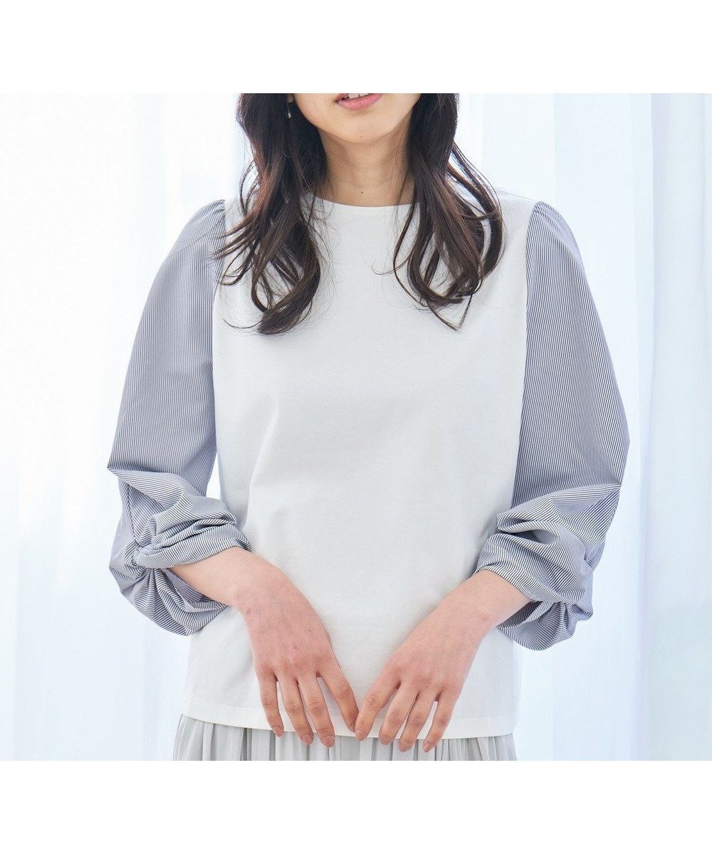 【エニィファム/any FAM】の【洗濯機可/UVケア/アンチピリング】布帛ねじり袖コンビプルオーバー インテリア・キッズ・メンズ・レディースファッション・服の通販 founy(ファニー) 　ファッション　Fashion　レディースファッション　WOMEN　トップス・カットソー　Tops/Tshirt　シャツ/ブラウス　Shirts/Blouses　ロング / Tシャツ　T-Shirts　プルオーバー　Pullover　カットソー　Cut and Sewn　カットソー　Cut And Sew　コンビ　Combination　フェミニン　Feminine　夏　Summer　春　Spring　S/S・春夏　Ss・Spring/Summer　ホワイト×ストライプ|ID: prp329100004407675 ipo3291000000031967817