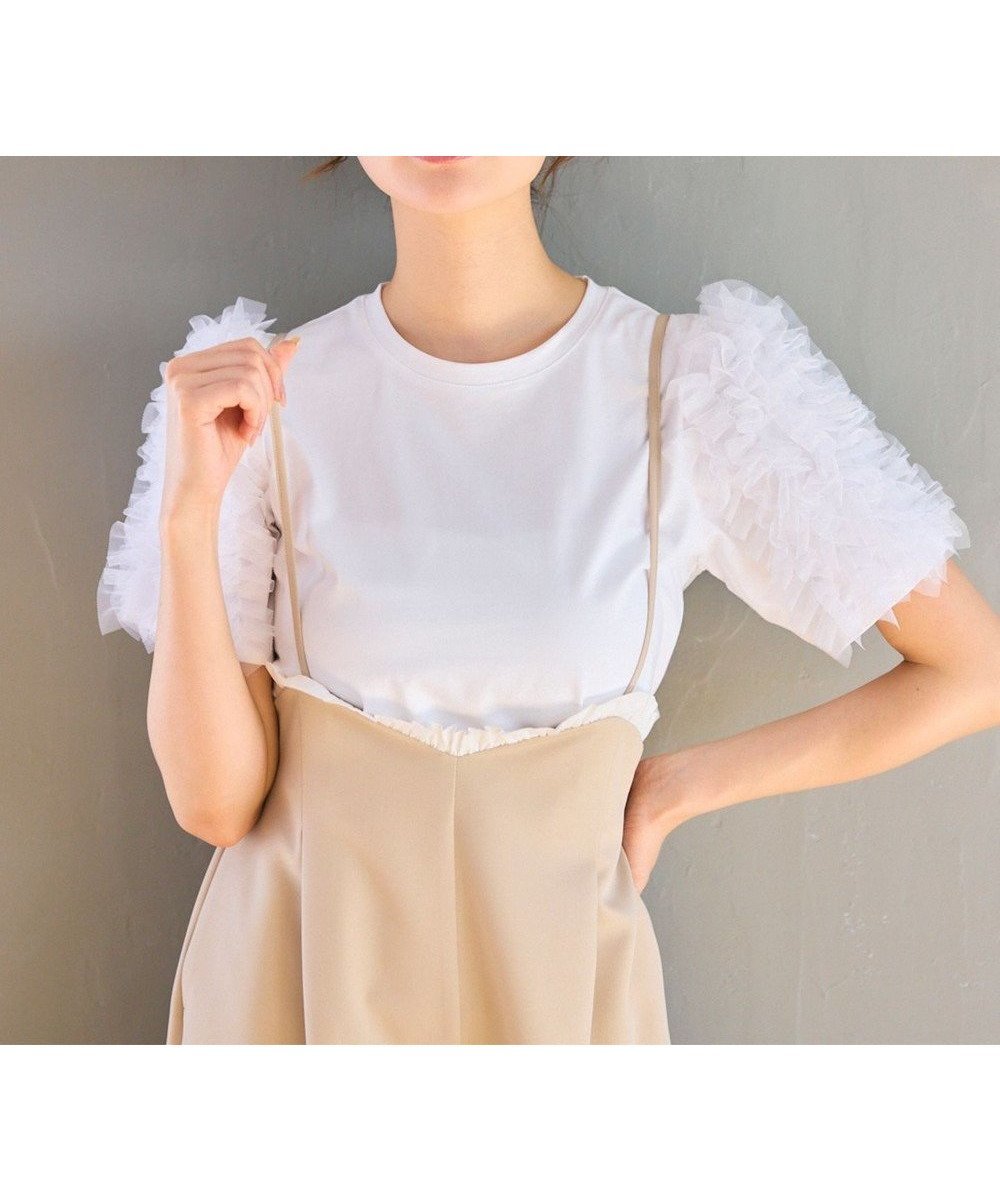 【フェルゥ/Feroux】の【洗える】チュールスリーブ Tシャツ インテリア・キッズ・メンズ・レディースファッション・服の通販 founy(ファニー) 　ファッション　Fashion　レディースファッション　Fashion for Women　トップス・カットソー　Cut & Sew Tops　シャツ・ブラウス・オフィスカジュアル　Elegant Blouses & Button-Ups　ロングTシャツ・Tシャツ　Longline T-Shirts & Tees　カットソー・ベーシックTシャツ　Cut-and-Sewn Tops / Stretch Tees & Basics　おすすめ　Recommended / Our Picks　カットソー　Cut and Sewn Top　シルケット　Silket, Silky Cotton　シンプル　Simple, Minimal　チュール　Tulip, Tulip Motif　デニム　Denim, Jeans Material　トレンド　Trend, Trending Now　バルーン　Balloon, Balloon Silhouette　フェミニン　Feminine, Girly　ボトム　Bottoms, Lower Wear　ボーダー　Border, Stripe　夏　Summer　春　Spring　S/S・春夏　SS, Spring/Summer, Warm Season　洗える　Machine Washable　ホワイト系|ID: prp329100004409574 ipo3291000000032640548