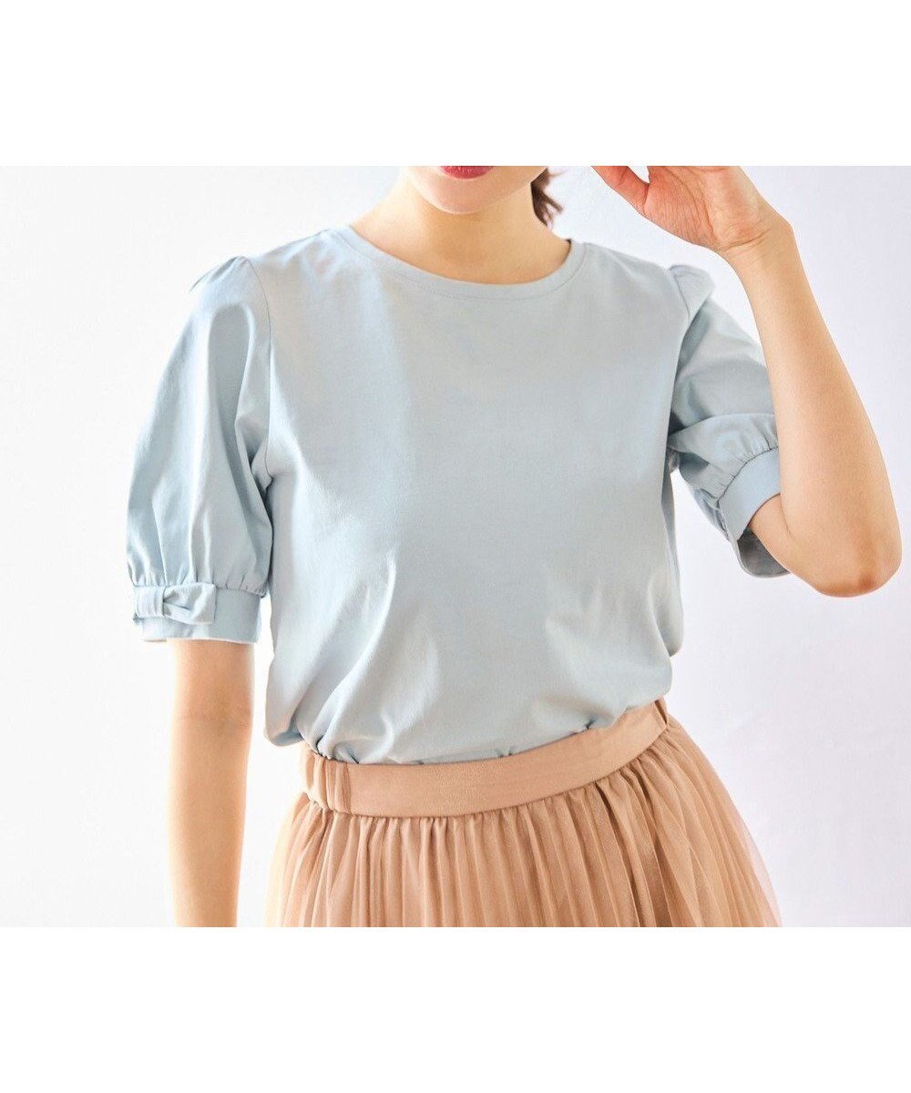 【フェルゥ/Feroux】の【洗える】パフスリーブリボン Tシャツ インテリア・キッズ・メンズ・レディースファッション・服の通販 founy(ファニー) 　ファッション　Fashion　レディースファッション　WOMEN　トップス・カットソー　Tops/Tshirt　シャツ/ブラウス　Shirts/Blouses　ロング / Tシャツ　T-Shirts　カットソー　Cut and Sewn　おすすめ　Recommend　カットソー　Cut And Sew　シルケット　Mercerization　シンプル　Simple　スリーブ　Sleeve　デニム　Denim　バルーン　Balloon　フェミニン　Feminine　ボトム　Bottom　ボーダー　Border　リボン　Ribbon　夏　Summer　春　Spring　S/S・春夏　Ss・Spring/Summer　洗える　Washable　スカイブルー系|ID: prp329100004409576 ipo3291000000031165787