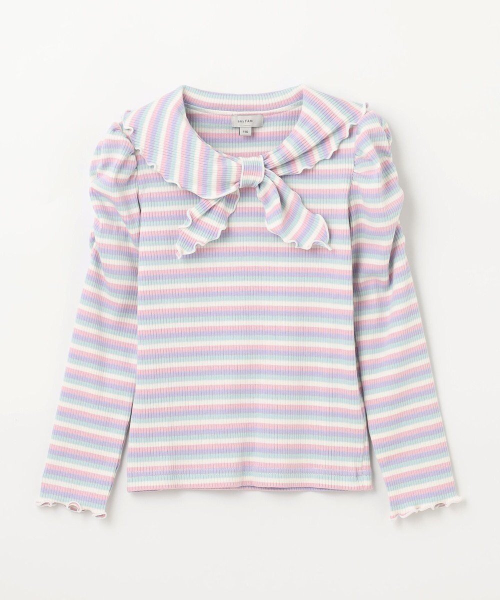 【エニィ/ANY / KIDS】のリボン テレコボーダー Tシャツ インテリア・キッズ・メンズ・レディースファッション・服の通販 founy(ファニー) ファッション Fashion キッズファッション Fashion for Kids トップス・カットソー Cut & Sew Tops インナー Innerwear カットソー Cut and Sewn Top ギャザー Gathered, Ruffled テレコ Ribbed, Rib Stitch フリル Frill, Ruffle ボーダー Border, Stripe ポケット Pocket, Pocket Detail リボン Ribbon, Bow A/W・秋冬 Autumn/Winter 羽織 Haori, Light Jacket ラベンダー系|ID: prp329100004417312 ipo3291000000034515190