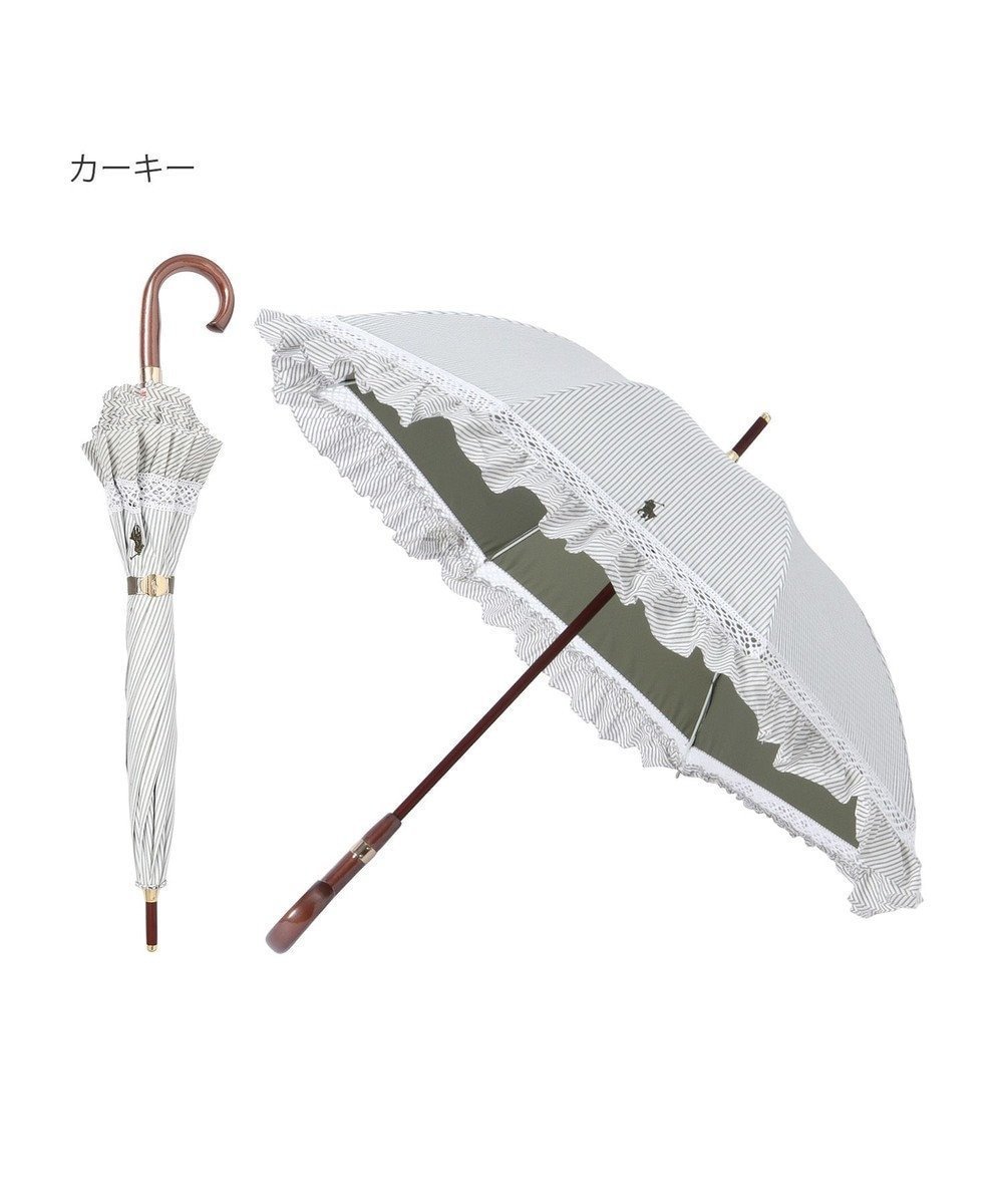 【ムーンバット/MOONBAT】のPOLO RALPH LAUREN 晴雨兼用日傘 長傘 ストライプフリル/遮光 遮熱 UV インテリア・キッズ・メンズ・レディースファッション・服の通販 founy(ファニー) 　ファッション　Fashion　レディースファッション　WOMEN　傘 / レイングッズ　Umbrellas/Rainwear　アイビー　Ivy　傘　Umbrella　ストライプ　Stripe　ニューヨーク　New York　フリル　Frills　日傘　Parasol　エレガント 上品　Elegant　カーキー|ID: prp329100004417445 ipo3291000000031941525