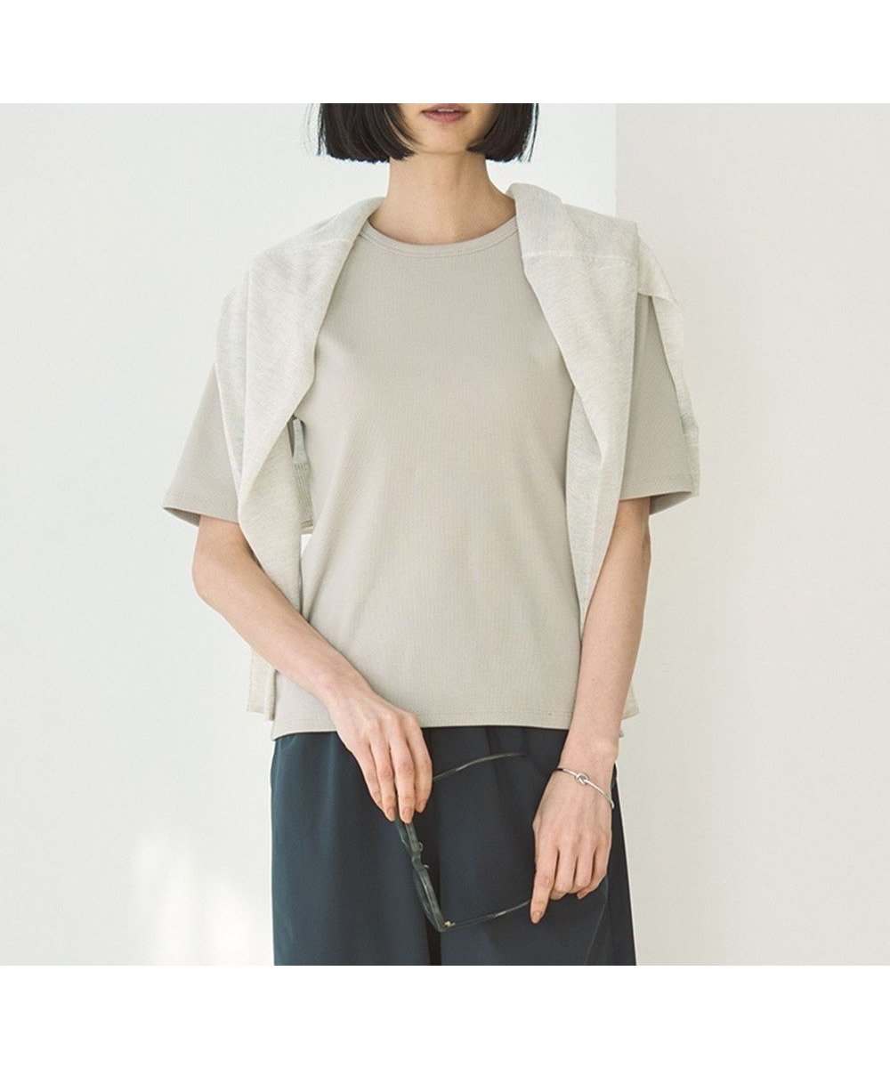 【アンフィーロ 自由区/UNFILO】の【抗菌防臭/UVケア】テレコ ハーフスリーブTシャツ インテリア・キッズ・メンズ・レディースファッション・服の通販 founy(ファニー) 　ファッション　Fashion　レディースファッション　Fashion for Women　トップス・カットソー　Cut & Sew Tops　シャツ・ブラウス・オフィスカジュアル　Elegant Blouses & Button-Ups　ロングTシャツ・Tシャツ　Longline T-Shirts & Tees　カットソー・ベーシックTシャツ　Cut-and-Sewn Tops / Stretch Tees & Basics　春　Spring　カットソー　Cut and Sewn Top　抗菌　Antibacterial, Bacteria-Resistant　シンプル　Simple, Minimal　ストレッチ　Stretch, Stretchy Fabric　スリーブ　Sleeve, Long Sleeve / Short Sleeve　テレコ　Ribbed, Rib Stitch　ハーフ　Half, Half-Length　フィット　Fit, Slim Fit　S/S・春夏　SS, Spring/Summer, Warm Season　夏　Summer　グレージュ|ID: prp329100004423555 ipo3291000000033356731