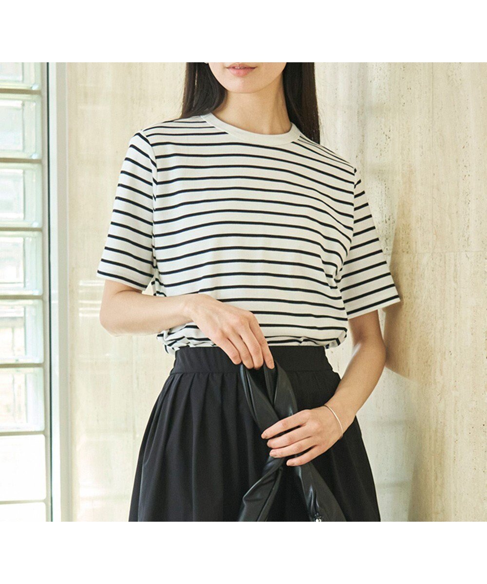 【アンフィーロ 自由区/UNFILO】の【ストレッチ/UVケア】BEAUTYFORM-Tコットン ベーシックTシャツ インテリア・キッズ・メンズ・レディースファッション・服の通販 founy(ファニー) 　ファッション　Fashion　レディースファッション　Fashion for Women　トップス・カットソー　Cut & Sew Tops　シャツ・ブラウス・オフィスカジュアル　Elegant Blouses & Button-Ups　ロングTシャツ・Tシャツ　Longline T-Shirts & Tees　カットソー・ベーシックTシャツ　Cut-and-Sewn Tops / Stretch Tees & Basics　春　Spring　カットソー　Cut and Sewn Top　吸水　Absorbent, Quick-Dry　シンプル　Simple, Minimal　ストレッチ　Stretch, Stretchy Fabric　フィット　Fit, Slim Fit　ベーシック　Basic, Essential　S/S・春夏　SS, Spring/Summer, Warm Season　夏　Summer　エレガント 上品　Elegant　ボーダー|ID: prp329100004423556 ipo3291000000032297236