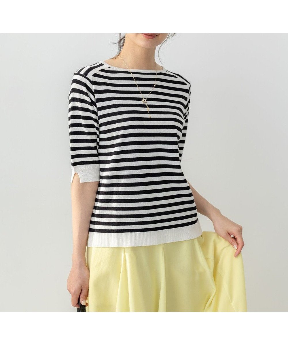 【組曲/KUMIKYOKU】の【接触冷感・UVケア・抗菌防臭】5分袖ニットTシャツ インテリア・キッズ・メンズ・レディースファッション・服の通販 founy(ファニー) 　ファッション　Fashion　レディースファッション　WOMEN　トップス・カットソー　Tops/Tshirt　ニット　Knit Tops　シャツ/ブラウス　Shirts/Blouses　ロング / Tシャツ　T-Shirts　春　Spring　コンパクト　Compact　抗菌　Antibacterial　ジャケット　Jacket　セーター　Sweater　ロング　Long　S/S・春夏　Ss・Spring/Summer　おすすめ　Recommend　夏　Summer　ボーダー系1|ID: prp329100004423674 ipo3291000000031575037