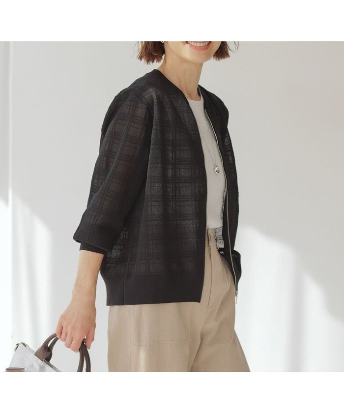 【ジェイ プレス/J.PRESS】の【洗える】SHEER JACQUARD ニット ブルゾン インテリア・キッズ・メンズ・レディースファッション・服の通販 founy(ファニー) https://founy.com/ ファッション Fashion レディースファッション Fashion for Women トップス・カットソー Cut & Sew Tops ニット Knit Tops & Sweaters カーディガン・羽織り Layered Style Cardigans おすすめ Recommended / Our Picks カーディガン Cardigan, Knitwear シンプル Simple, Minimal ジャカード／ジャガード Jacquard, Woven Pattern チェック Check, Plaid, Tartan ブルゾン Blouson, Bomber Jacket ワンポイント One Point, Statement Accent エレガント 上品 Elegant 夏 Summer 春 Spring S/S・春夏 SS, Spring/Summer, Warm Season 洗える Machine Washable |ID: prp329100004430033 ipo3291000000034295997