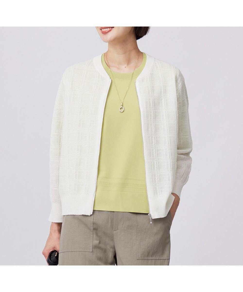 【ジェイ プレス/J.PRESS】の【洗える】SHEER JACQUARD ニット ブルゾン インテリア・キッズ・メンズ・レディースファッション・服の通販 founy(ファニー) 　ファッション　Fashion　レディースファッション　Fashion for Women　トップス・カットソー　Cut & Sew Tops　ニット　Knit Tops & Sweaters　カーディガン・羽織り　Layered Style Cardigans　おすすめ　Recommended / Our Picks　カーディガン　Cardigan, Knitwear　シンプル　Simple, Minimal　ジャカード／ジャガード　Jacquard, Woven Pattern　チェック　Check, Plaid, Tartan　ブルゾン　Blouson, Bomber Jacket　ワンポイント　One Point, Statement Accent　エレガント 上品　Elegant　夏　Summer　春　Spring　S/S・春夏　SS, Spring/Summer, Warm Season　洗える　Machine Washable　オフ系|ID: prp329100004430033 ipo3291000000034295999