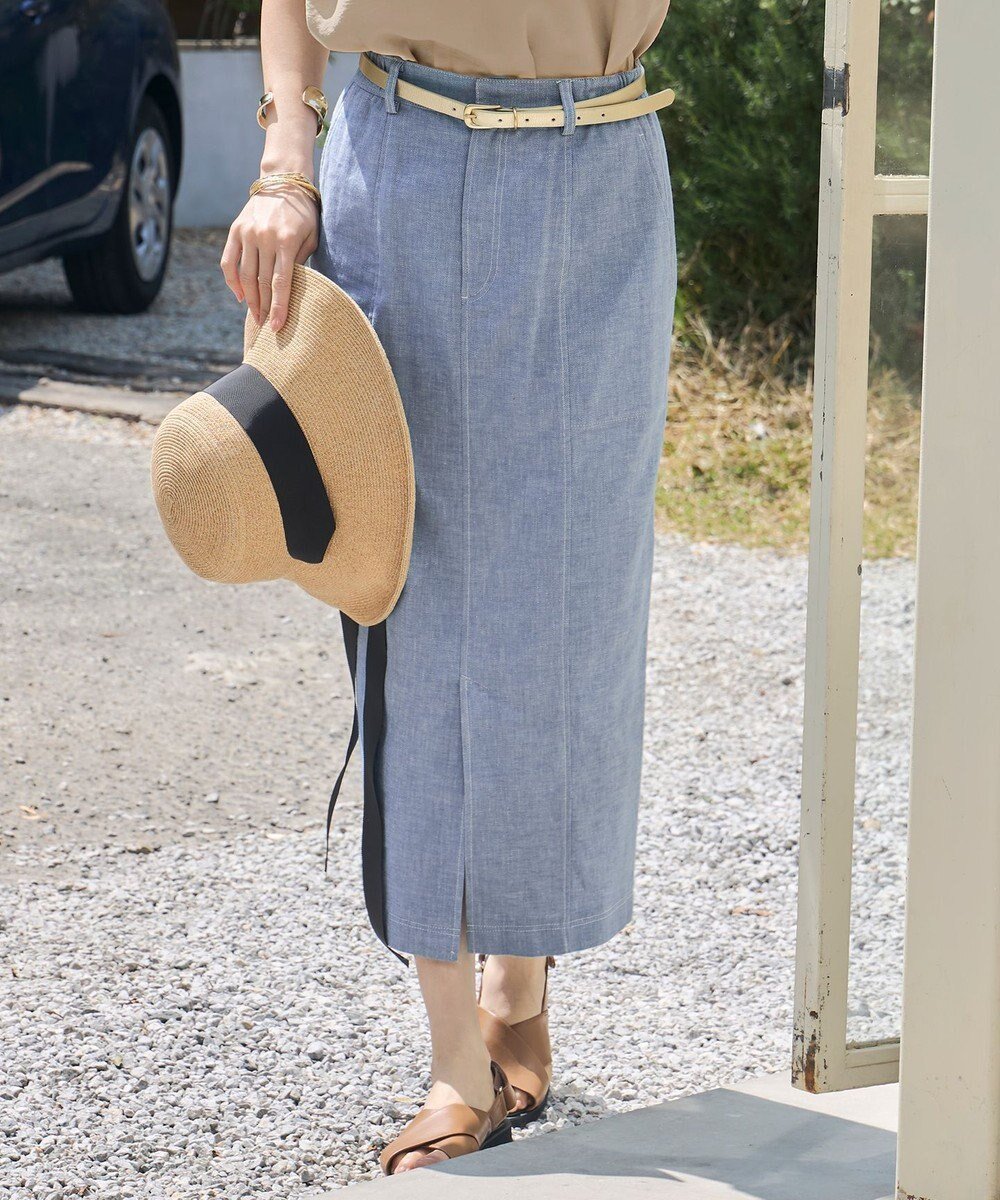 【自由区/JIYU-KU】の【洗える】コットンリネンシャンブレー スカート インテリア・キッズ・メンズ・レディースファッション・服の通販 founy(ファニー) 　ファッション　Fashion　レディースファッション　Fashion for Women　スカート　Skirts　インディゴ　Indigo Denim　ストレート　Straight, Straight Cut　スリット　Slit, Slit Detail　ツイル　Twist, Twisted Detail　デニム　Denim, Jeans Material　フロント　Front, Front Design　リネン　Linen, Linen Fabric　夏　Summer　春　Spring　S/S・春夏　SS, Spring/Summer, Warm Season　洗える　Machine Washable　ライトブルー系|ID: prp329100004436740 ipo3291000000034200347