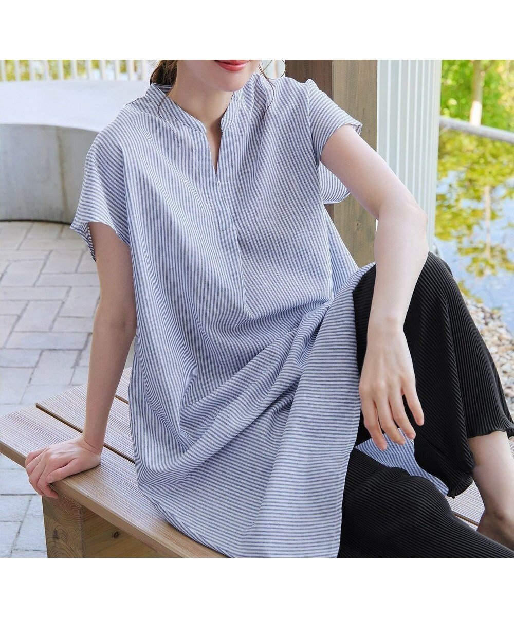 【ティアクラッセ/Tiaclasse】の【洗える】リネンミックススキッパーシャツワンピース インテリア・キッズ・メンズ・レディースファッション・服の通販 founy(ファニー) 　ファッション　Fashion　レディースファッション　Fashion for Women　ワンピース　Dresses　シャツワンピース / 1枚で着映えコーデ　Shirt Dresses　アクセサリー　Fashion Accessories　ウォッシャブル　Machine Washable　春　Spring　洗える　Machine Washable　秋　Autumn　カーディガン　Cardigan, Knitwear　スキッパー　Skipper, Open Collar　スリーブ　Sleeve, Long Sleeve / Short Sleeve　チュニック　Tunic, Long Top　フレア　Flare, Flared　フレンチ　French, French Style　ポケット　Pocket, Pocket Detail　半袖　Short Sleeve, Half Sleeve　リネン　Linen, Linen Fabric　S/S・春夏　SS, Spring/Summer, Warm Season　再入荷　Restock / Back in Stock　夏　Summer　新作・新入荷　New Arrivals / New In　ブルーグレーストライプ|ID: prp329100004439364 ipo3291000000032344257