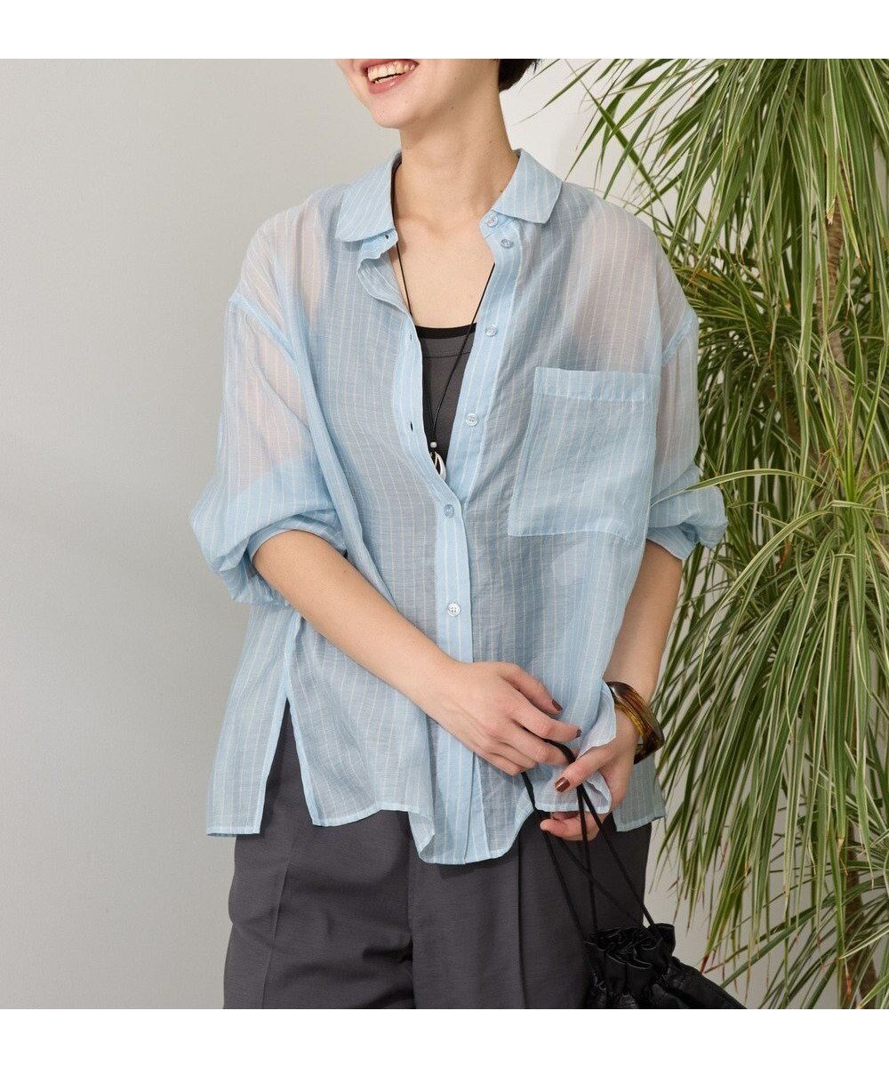 【アメリカンホリック/AMERICAN HOLIC】のシアーシャツ インテリア・キッズ・メンズ・レディースファッション・服の通販 founy(ファニー) 　ファッション　Fashion　レディースファッション　Fashion for Women　トップス・カットソー　Cut & Sew Tops　シャツ・ブラウス・オフィスカジュアル　Elegant Blouses & Button-Ups　エアリー　Airy Texture　スリット　Slit, Slit Detail　ダウン　Down, Puffer　ダブル　Double, Double-Breasted　ベーシック　Basic, Essential　ボトム　Bottoms, Lower Wear　夏　Summer　春　Spring　S/S・春夏　SS, Spring/Summer, Warm Season　Stripe Sax|ID: prp329100004441663 ipo3291000000033658839