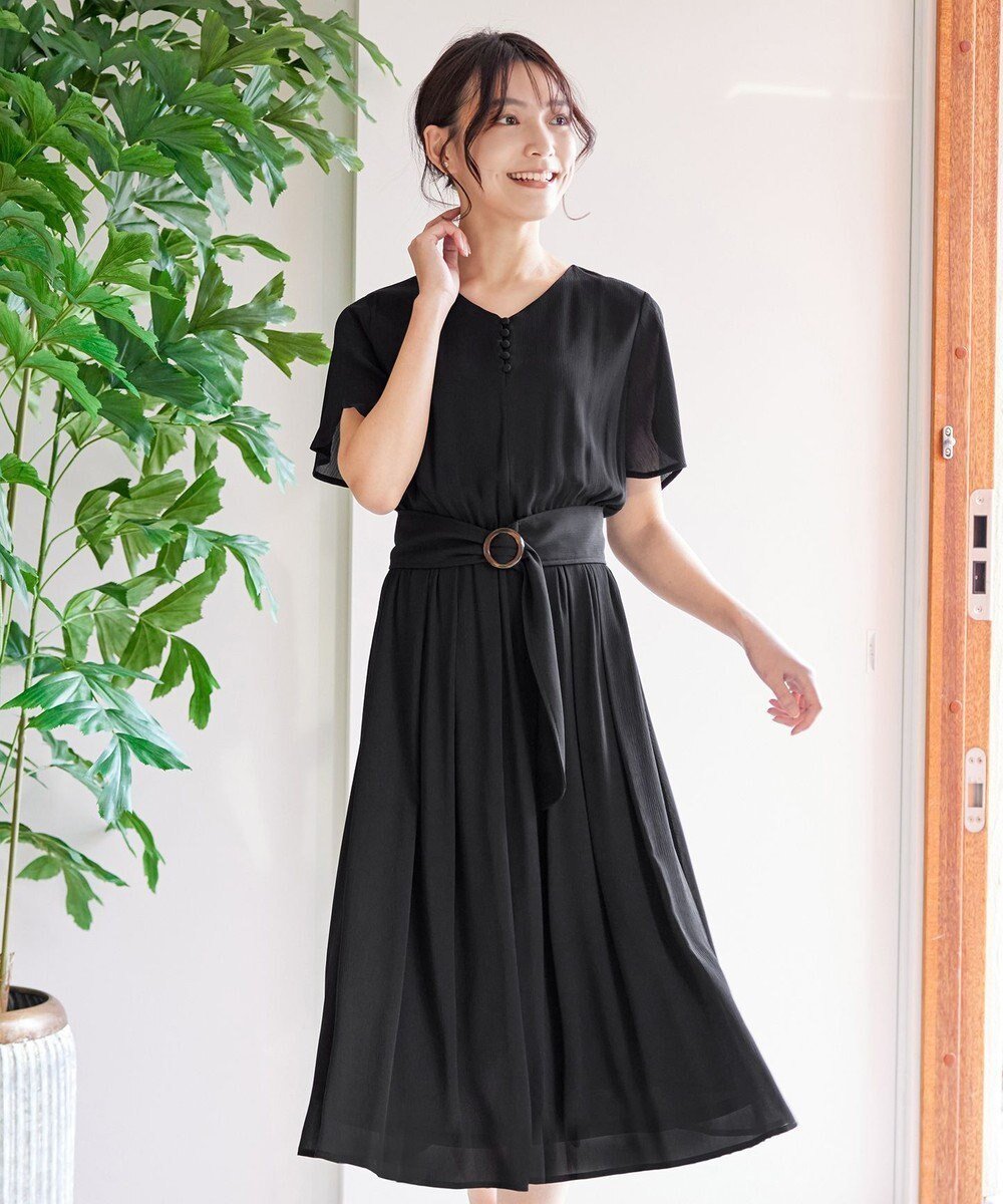 【ティアクラッセ/Tiaclasse】の【洗える】花びらスリーブベルト付きワンピース インテリア・キッズ・メンズ・レディースファッション・服の通販 founy(ファニー) 　ファッション　Fashion　レディースファッション　WOMEN　ワンピース　Dress　ベルト　Belts　アクセサリー　Accessories　ウォッシャブル　Washable　春　Spring　洗える　Washable　カーディガン　Cardigan　シフォン　Chiffon　スリット　Slit　スリーブ　Sleeve　チュニック　Tunic　フィット　Fit　フレア　Flare　ポケット　Pocket　半袖　Short Sleeve　ミモレ　Mimore　S/S・春夏　Ss・Spring/Summer　再入荷　Restock/Back In Stock/Re Arrival　夏　Summer　NEW・新作・新着・新入荷　New Arrivals　ブラック|ID: prp329100004445236 ipo3291000000031070291