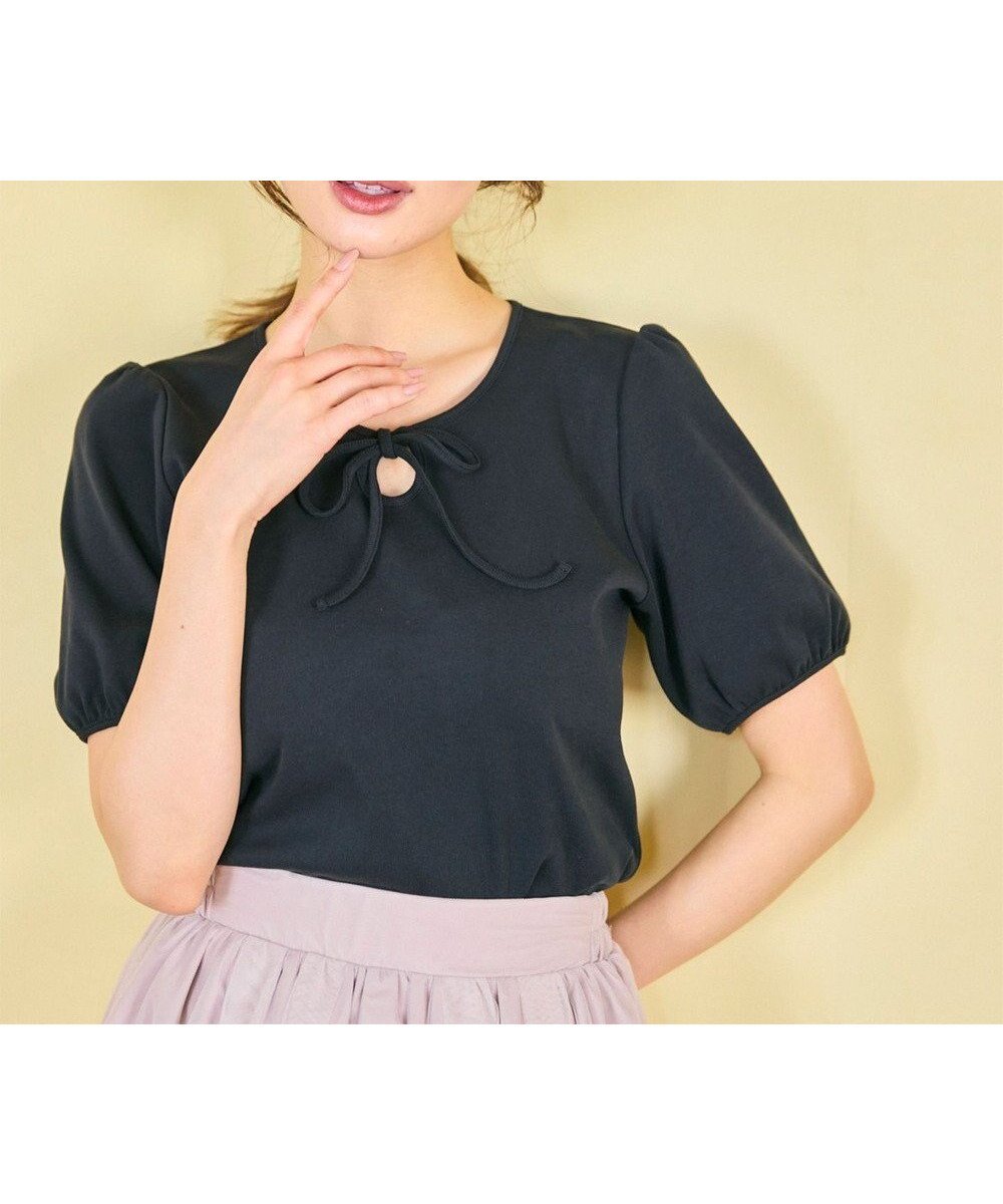 【フェルゥ/Feroux】の【洗える】リボンアクセント Tシャツ インテリア・キッズ・メンズ・レディースファッション・服の通販 founy(ファニー) 　ファッション　Fashion　レディースファッション　WOMEN　トップス・カットソー　Tops/Tshirt　シャツ/ブラウス　Shirts/Blouses　ロング / Tシャツ　T-Shirts　カットソー　Cut and Sewn　おすすめ　Recommend　カットソー　Cut And Sew　ギャザー　Gather　スリーブ　Sleeve　デニム　Denim　フェミニン　Feminine　リボン　Ribbon　エレガント 上品　Elegant　夏　Summer　春　Spring　S/S・春夏　Ss・Spring/Summer　洗える　Washable　ブラック系|ID: prp329100004445311 ipo3291000000031070634