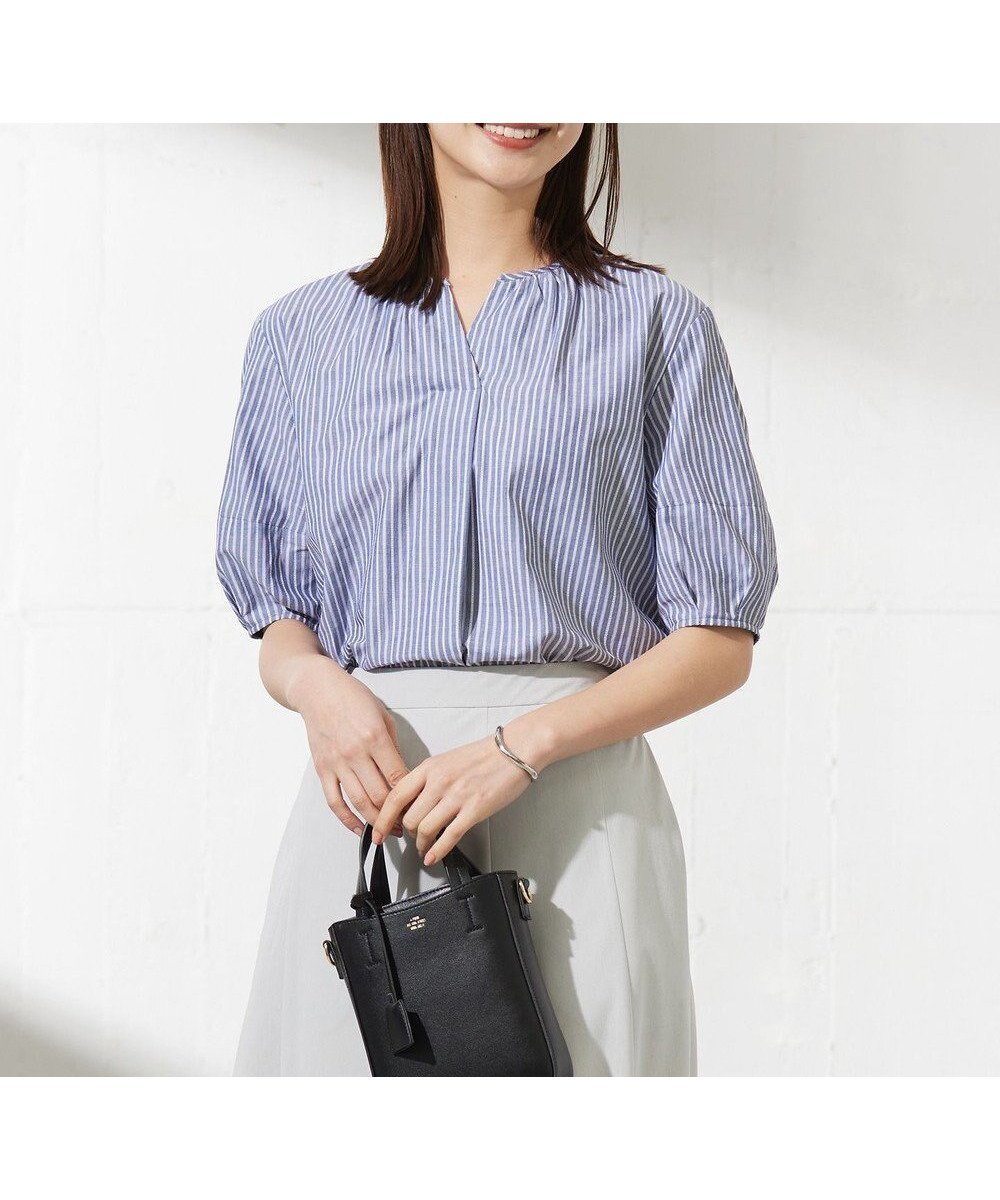 【ジェイ プレス/J.PRESS】の【洗える】BEZ空羽ストライプ クルーネック V開き ブラウス 人気、トレンドファッション・服の通販 founy(ファニー) 　ファッション　Fashion　レディースファッション　Fashion for Women　トップス・カットソー　Cut & Sew Tops　シャツ・ブラウス・オフィスカジュアル　Elegant Blouses & Button-Ups　イエロー　Yellow　春　Spring　洗える　Machine Washable　切替　Switching, Contrast Panel　ストライプ　Stripe, Striped Pattern　半袖　Short Sleeve, Half Sleeve　S/S・春夏　SS, Spring/Summer, Warm Season　おすすめ　Recommended / Our Picks　夏　Summer　エレガント 上品　Elegant　ビジネス 仕事 通勤　Business / Work / Commuting　 other-1|ID: prp329100004446573 ipo3291000000032393785