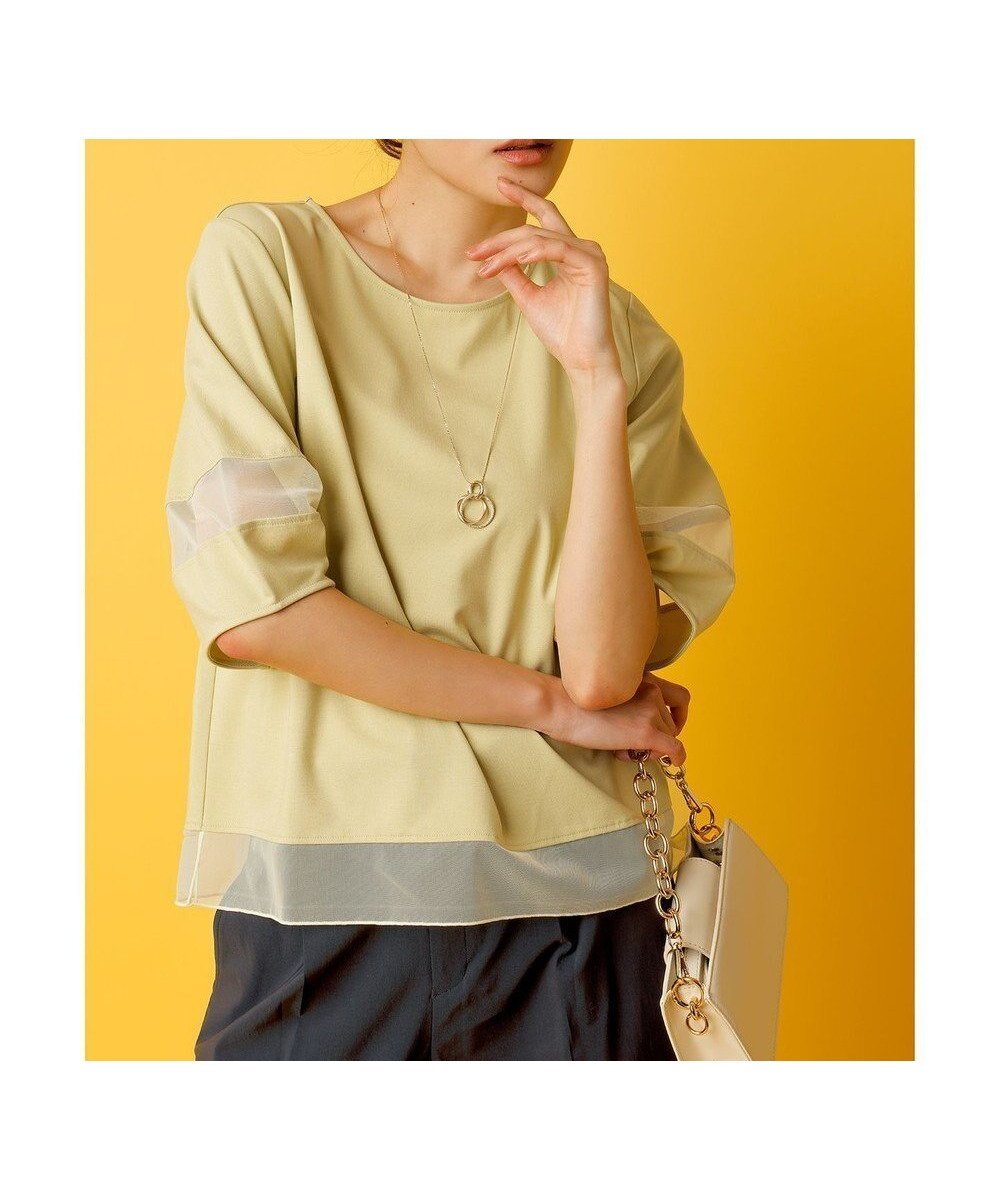 【エニィ スィス/any SiS】の【洗える】シアーコンビ プルオーバー インテリア・キッズ・メンズ・レディースファッション・服の通販 founy(ファニー) 　ファッション　Fashion　レディースファッション　Fashion for Women　トップス・カットソー　Cut & Sew Tops　シャツ・ブラウス・オフィスカジュアル　Elegant Blouses & Button-Ups　ロングTシャツ・Tシャツ　Longline T-Shirts & Tees　カジュアルプルオーバー・ニットトップス　Pullovers & Knit Tops / Casual Pullovers　カットソー・ベーシックTシャツ　Cut-and-Sewn Tops / Stretch Tees & Basics　おすすめ　Recommended / Our Picks　ウォッシャブル　Machine Washable　カットソー　Cut and Sewn Top　ストレッチ　Stretch, Stretchy Fabric　スリーブ　Sleeve, Long Sleeve / Short Sleeve　チュール　Tulip, Tulip Motif　フォルム　Silhouette, Form　ボトム　Bottoms, Lower Wear　夏　Summer　新作・新入荷　New Arrivals / New In　春　Spring　S/S・春夏　SS, Spring/Summer, Warm Season　洗える　Machine Washable　ライトイエロー|ID: prp329100004446947 ipo3291000000032639236