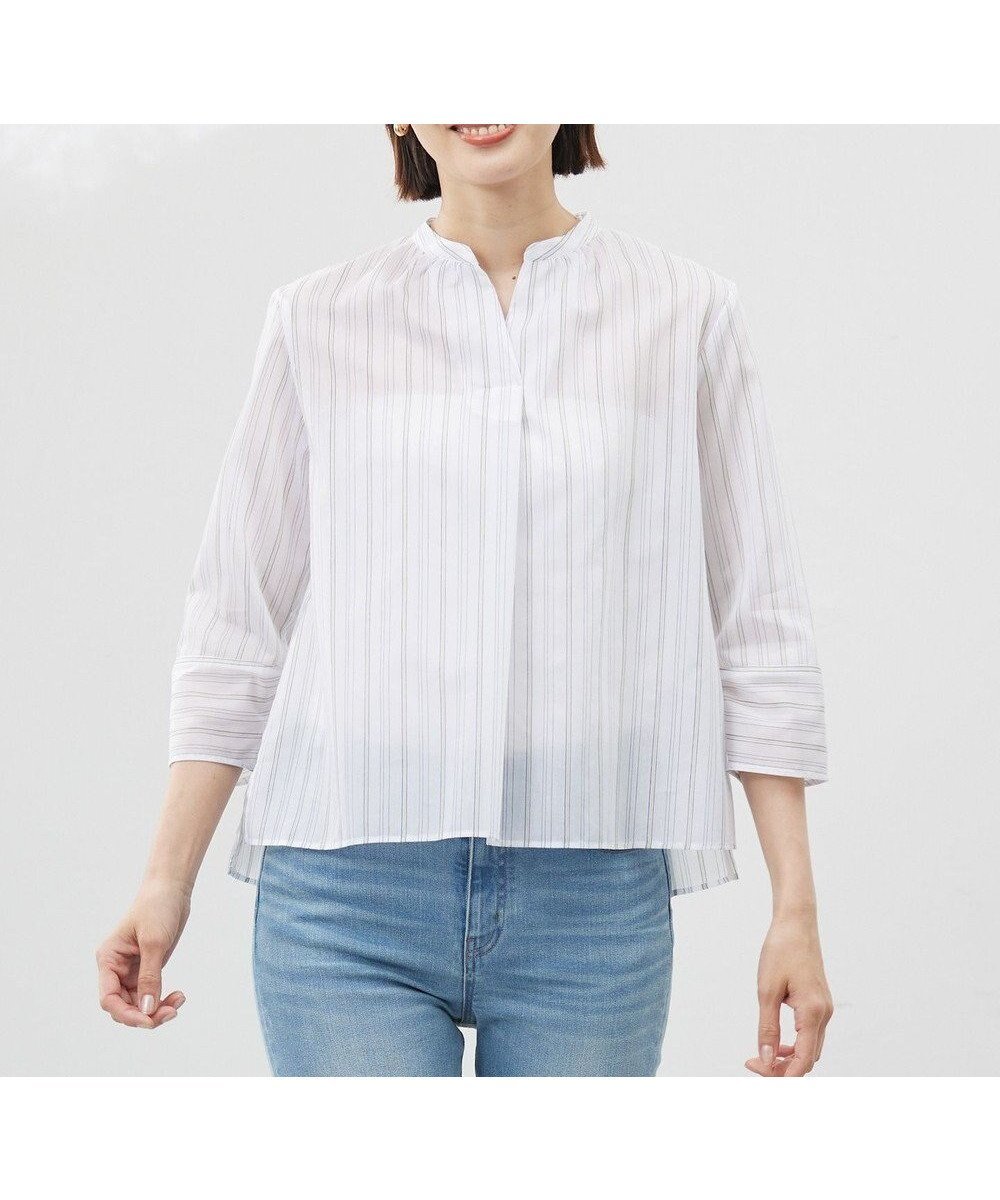【ジェイ プレス/J.PRESS】の【洗える】ランダムストライプ スタンドカラー ブラウス 人気、トレンドファッション・服の通販 founy(ファニー) 　ファッション　Fashion　レディースファッション　Fashion for Women　トップス・カットソー　Cut & Sew Tops　シャツ・ブラウス・オフィスカジュアル　Elegant Blouses & Button-Ups　スタンド　Stand Collar, Upright Stand　ストライプ　Stripe, Striped Pattern　トレンド　Trend, Trending Now　ランダム　Random, Irregular　リラックス　Relax, Relaxed Fit　エレガント 上品　Elegant　切替　Switching, Contrast Panel　夏　Summer　春　Spring　S/S・春夏　SS, Spring/Summer, Warm Season　洗える　Machine Washable　 other-1|ID: prp329100004447823 ipo3291000000033370869