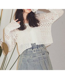 【アースミュージックアンドエコロジー/earth music&ecology】のフロントリボン透かし編みカーディガン 人気、トレンドファッション・服の通販 founy(ファニー) ファッション Fashion レディースファッション Fashion for Women トップス・カットソー Cut & Sew Tops カーディガン・羽織り Layered Style Cardigans インナー Innerwear カーディガン Cardigan, Knitwear ショート Short, Short Length デニム Denim, Jeans Material バランス Balance, Style Balance フェミニン Feminine, Girly フロント Front, Front Design ポケット Pocket, Pocket Detail リボン Ribbon, Bow 夏 Summer 春 Spring S/S・春夏 SS, Spring/Summer, Warm Season 透かし Cut-Out, Lacework |ID:prp329100004451330