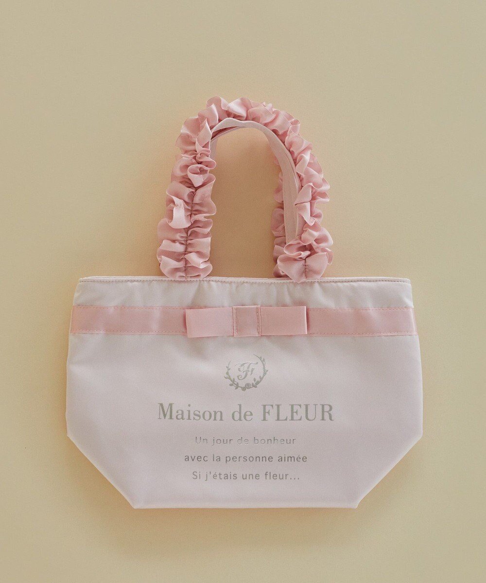 【メゾンドフルール/Maison de FLEUR】のブランドロゴフリルハンドルトートSバッグ インテリア・キッズ・メンズ・レディースファッション・服の通販 founy(ファニー) 　ファッション　Fashion　レディースファッション　Fashion for Women　バッグ　Bags　アンティーク　Antique-Inspired　サテン　Satin, Glossy Fabric　シルバー　Silver, Metallic Silver　ストライプ　Stripe, Striped Pattern　フェミニン　Feminine, Girly　フラワー　Flower, Floral　フロント　Front, Front Design　プリント　Print, Printed Pattern　ポケット　Pocket, Pocket Detail　リボン　Ribbon, Bow　エレガント 上品　Elegant　Pink|ID: prp329100004454153 ipo3291000000033333694