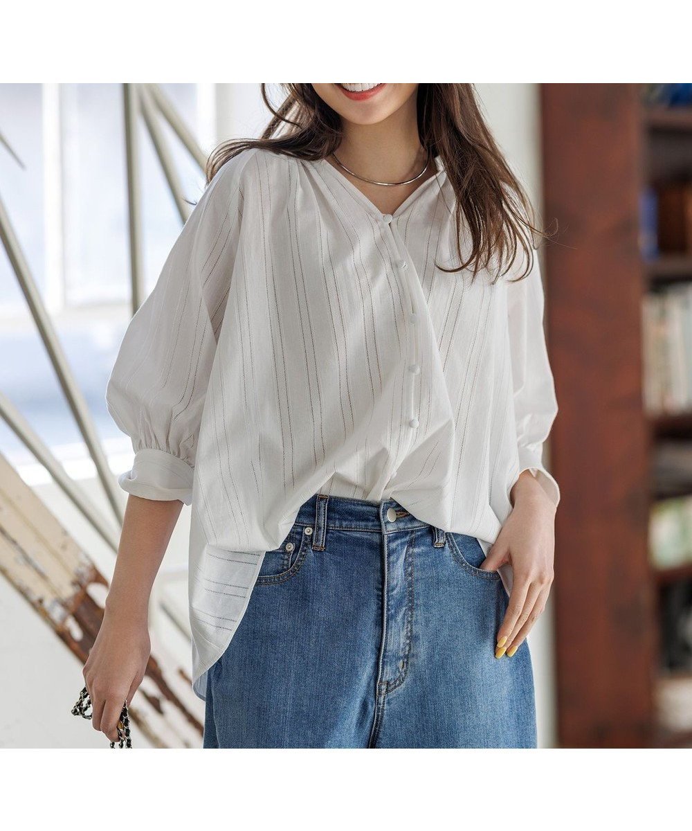 【アンフィーロ 自由区/UNFILO】の【洗える】ストライプレース ギャザーブラウス 人気、トレンドファッション・服の通販 founy(ファニー) 　ファッション　Fashion　レディースファッション　Ladies' Fashion Online　トップス・カットソー　Tops/Tshirt　シャツ/ブラウス　Shirts/Blouses　ギャザー　Gather　シアー　Sheer　シンプル　Simple　ストライプ　Stripe　フロント　Front　レース　Race　ロング　Long　夏　Summer　春　Spring　S/S・春夏　Ss・Spring/Summer　洗える　Washable　羽織　Haori　 other-1|ID: prp329100004455462 ipo3291000000032570495