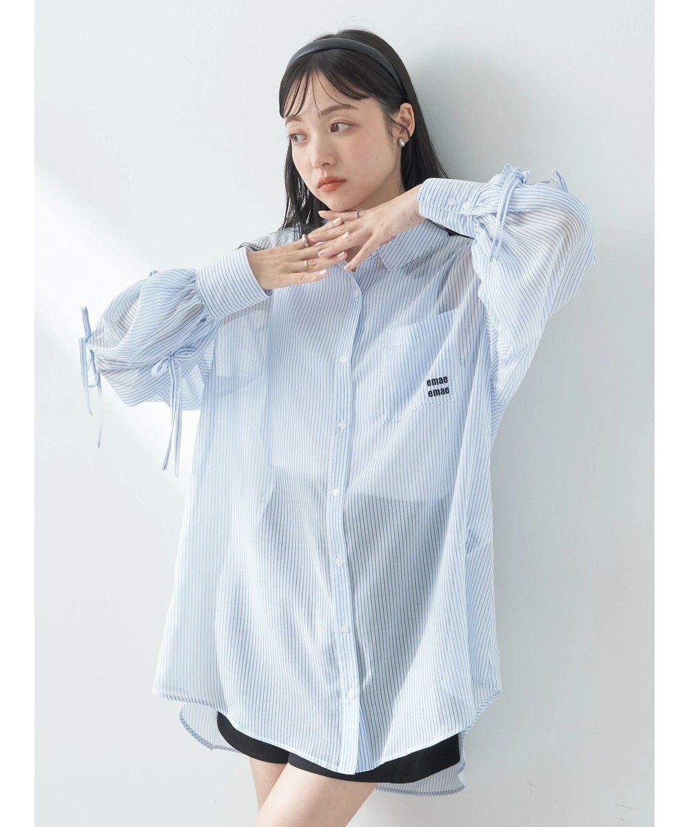【アースミュージックアンドエコロジー/earth music&ecology】の袖スリットリボンロングシャツ インテリア・キッズ・メンズ・レディースファッション・服の通販 founy(ファニー) 　ファッション　Fashion　レディースファッション　WOMEN　トップス・カットソー　Tops/Tshirt　シャツ/ブラウス　Shirts/Blouses　おすすめ　Recommend　インナー　Inner　シンプル　Simple　スリット　Slit　ポケット　Pocket　リボン　Ribbon　ロング　Long　夏　Summer　春　Spring　S/S・春夏　Ss・Spring/Summer　Sax|ID: prp329100004456592 ipo3291000000031988537