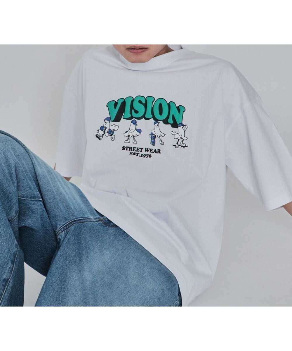 【ウィゴー/WEGO】の【ユニセックス着用ITEM/MLサイズ展開】別注VISIONゴーストスケーターグラフィックT(SS) インテリア・キッズ・メンズ・レディースファッション・服の通販 founy(ファニー) 　ファッション　Fashion　レディースファッション　Fashion for Women　トップス・カットソー　Cut & Sew Tops　シャツ・ブラウス・オフィスカジュアル　Elegant Blouses & Button-Ups　ロングTシャツ・Tシャツ　Longline T-Shirts & Tees　カットソー・ベーシックTシャツ　Cut-and-Sewn Tops / Stretch Tees & Basics　春　Spring　秋　Autumn　カットソー　Cut and Sewn Top　カーゴパンツ　Cargo Pants, Utility Pants　グラフィック　Graphic, Graphic Design　スポーツ　Sports, Activewear　スマホ　Smartphone, Mobile Device　定番　Standard, Basic Item　フロント　Front, Front Design　プリント　Print, Printed Pattern　別注　Limited Edition, Custom Order　半袖　Short Sleeve, Half Sleeve　リラックス　Relax, Relaxed Fit　S/S・春夏　SS, Spring/Summer, Warm Season　おすすめ　Recommended / Our Picks　夏　Summer　ホワイト|ID: prp329100004456658 ipo3291000000033410065