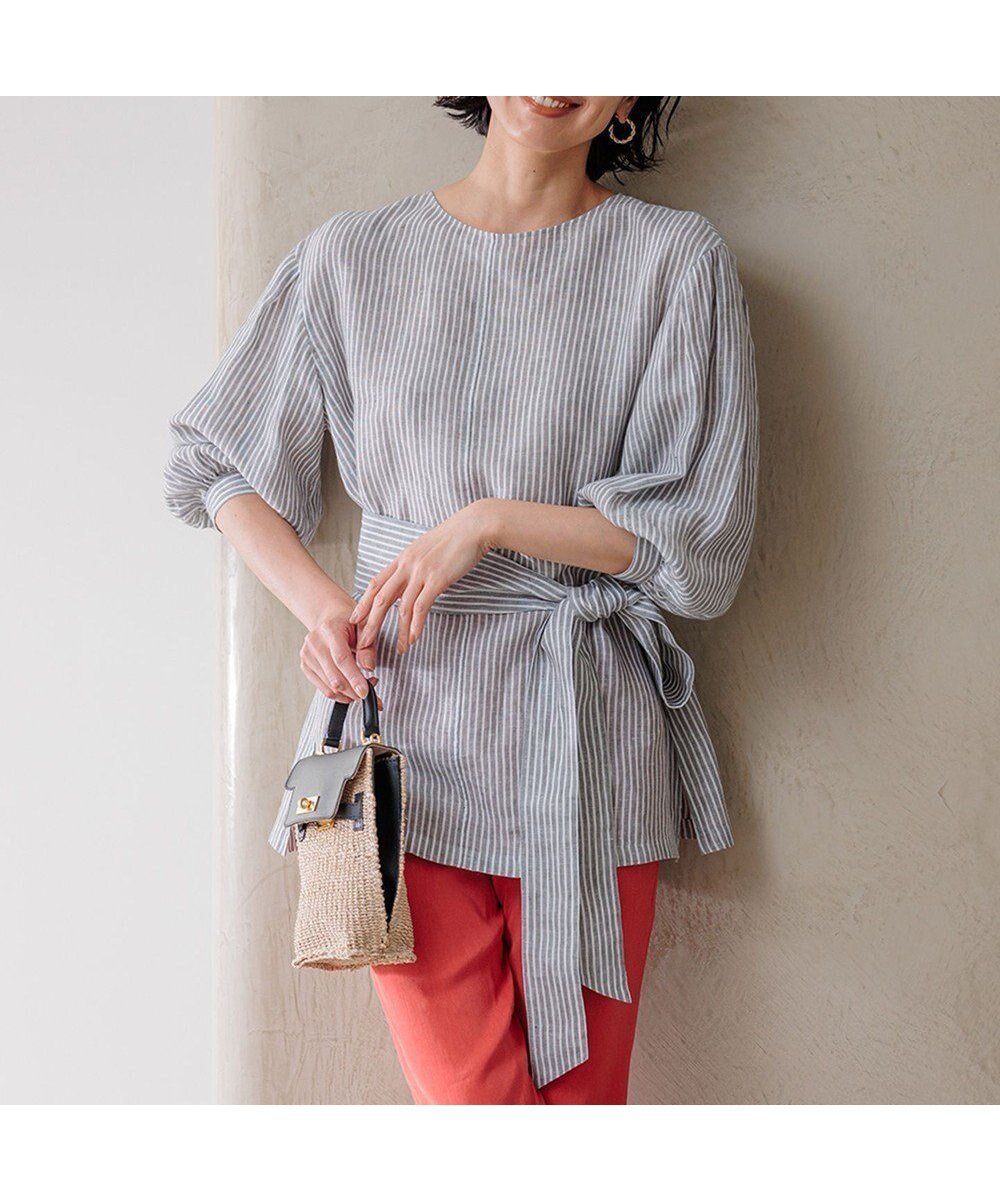 【23区/NIJYUSANKU】の【洗える】LIBECO ベルト付き ブラウス インテリア・キッズ・メンズ・レディースファッション・服の通販 founy(ファニー) 　ファッション　Fashion　レディースファッション　Ladies' Fashion Online　トップス・カットソー　Tops/Tshirt　シャツ/ブラウス　Shirts/Blouses　ベルト　Belts　春　Spring　洗える　Washable　ギャザー　Gather　ストライプ　Stripe　フレア　Flare　ベーシック　Basic　無地　Plain Color　リネン　Linen　ロング　Long　S/S・春夏　Ss・Spring/Summer　夏　Summer　2024年　2024　2024春夏・S/S　Ss,Spring/Summer,2024　カーキストライプ|ID: prp329100004465852 ipo3291000000032647224