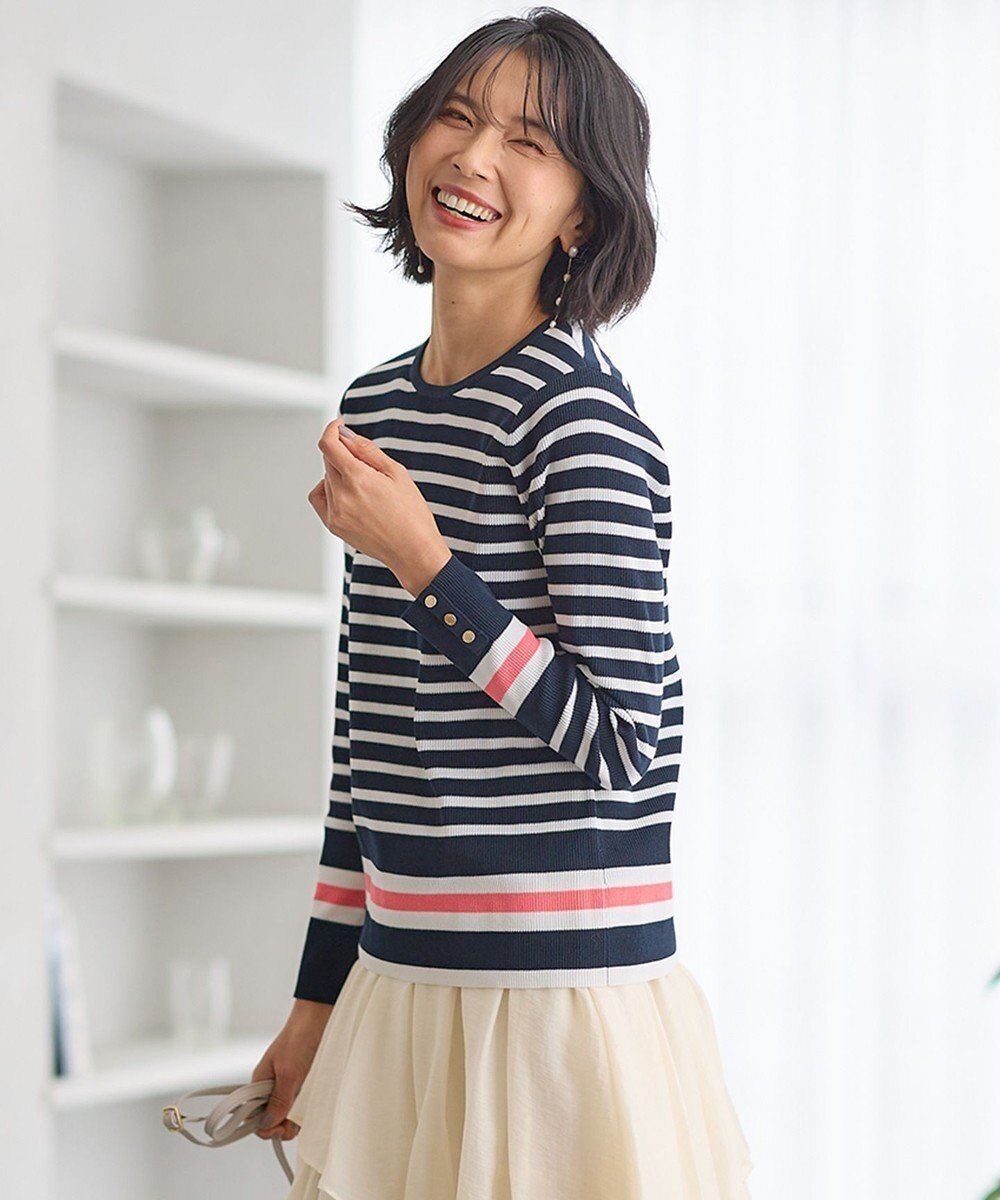【23区/NIJYUSANKU】の【Oggi4月号掲載/洗える】ラスターコットンポリエステル ニット 人気、トレンドファッション・服の通販 founy(ファニー) 　雑誌掲載アイテム　Magazine Picks & Fashion Features　ファッション雑誌　Fashion Magazines　オッジ　Oggi　ファッション　Fashion　レディースファッション　Fashion for Women　トップス・カットソー　Cut & Sew Tops　ニット　Knit Tops & Sweaters　春　Spring　洗える　Machine Washable　軽量　Lightweight, Ultra Light　4月号　April Issue　ストレッチ　Stretch, Stretchy Fabric　セーター　Sweater, Knitwear　雑誌　Magazine, Fashion Magazine　デニム　Denim, Jeans Material　ベーシック　Basic, Essential　ボーダー　Border, Stripe　メタル　Metal, Metal Parts　無地　Plain, Solid Color　S/S・春夏　SS, Spring/Summer, Warm Season　夏　Summer　2024年　2024　2024春夏・S/S　Spring/Summer 2024 SS24　エレガント 上品　Elegant　ビジネス 仕事 通勤　Business / Work / Commuting　 other-1|ID: prp329100004469053 ipo3291000000033464407