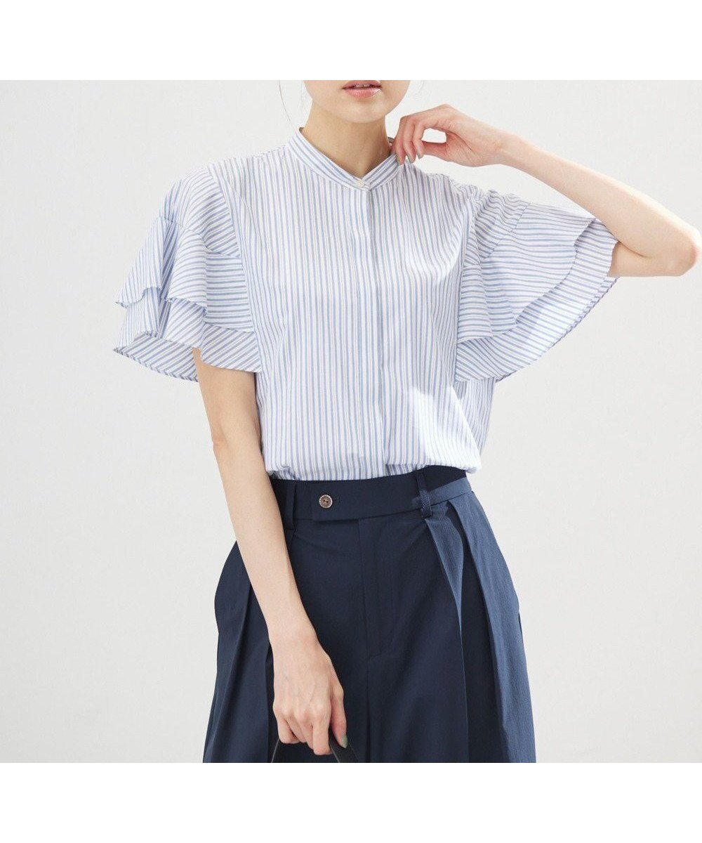 【組曲/KUMIKYOKU】のコットンレーヨンシャーティング ブラウス インテリア・キッズ・メンズ・レディースファッション・服の通販 founy(ファニー) 　ファッション　Fashion　レディースファッション　Fashion for Women　トップス・カットソー　Cut & Sew Tops　シャツ・ブラウス・オフィスカジュアル　Elegant Blouses & Button-Ups　エレガント 上品　Elegant　春　Spring　コンパクト　Compact, Small Size　フリル　Frill, Ruffle　ブロード　Broadcloth, Fine Cotton　S/S・春夏　SS, Spring/Summer, Warm Season　おすすめ　Recommended / Our Picks　夏　Summer　ブルーストライプ系1|ID: prp329100004470585 ipo3291000000036295555