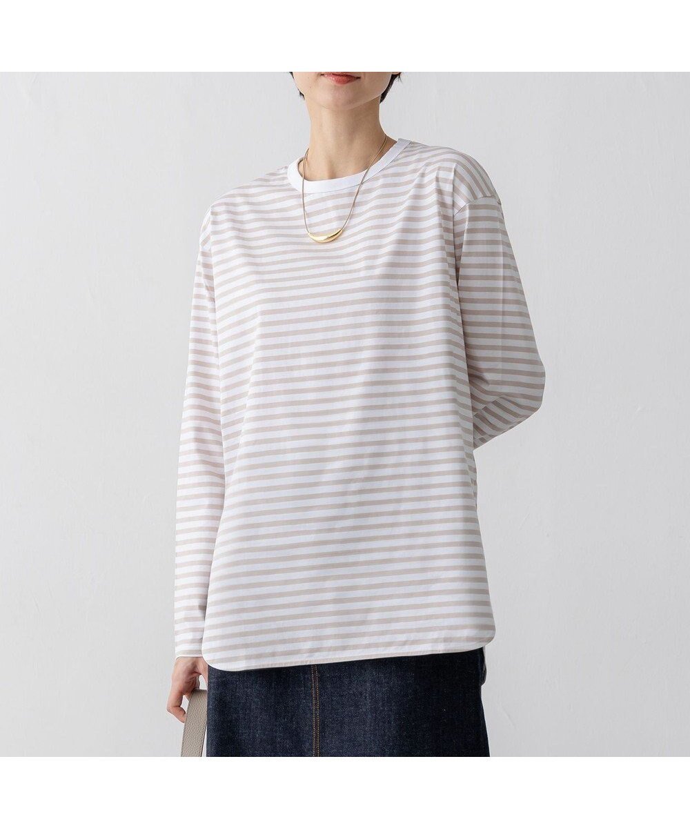 【23区/NIJYUSANKU】の【大好評素材/洗える】コットンベアジャージー ロング Tシャツ インテリア・キッズ・メンズ・レディースファッション・服の通販 founy(ファニー) 　ファッション　Fashion　レディースファッション　WOMEN　トップス・カットソー　Tops/Tshirt　シャツ/ブラウス　Shirts/Blouses　ロング / Tシャツ　T-Shirts　カットソー　Cut and Sewn　洗える　Washable　カットソー　Cut And Sew　コンビ　Combination　ストレッチ　Stretch　スリット　Slit　雑誌　Magazine　なめらか　Smooth　ベーシック　Basic　ペプラム　Peplum　ボーダー　Border　無地　Plain Color　ロング　Long　A/W・秋冬　Aw・Autumn/Winter・Fw・Fall-Winter　S/S・春夏　Ss・Spring/Summer　再入荷　Restock/Back In Stock/Re Arrival　夏　Summer　エレガント 上品　Elegant　ベージュボーダー|ID: prp329100004471257 ipo3291000000031971634