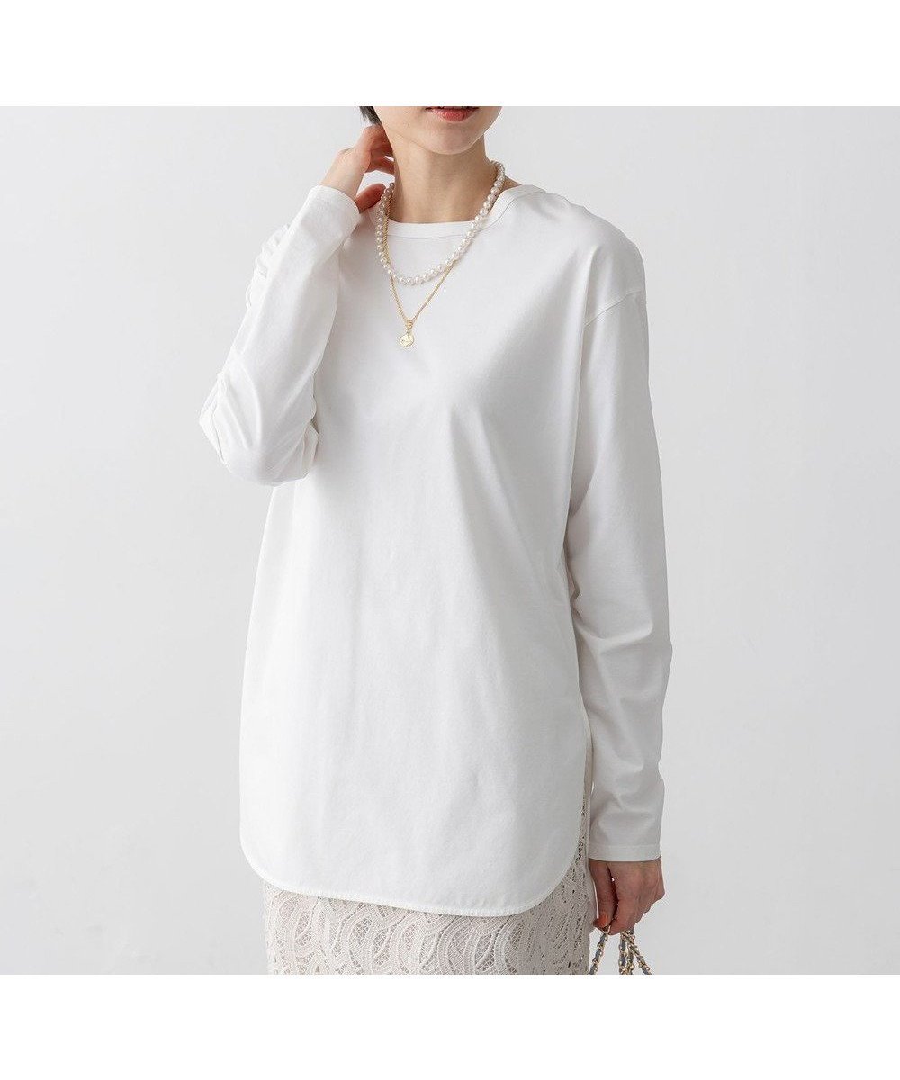 【23区/NIJYUSANKU】の【大好評素材/洗える】コットンベアジャージー ロング Tシャツ インテリア・キッズ・メンズ・レディースファッション・服の通販 founy(ファニー) 　ファッション　Fashion　レディースファッション　WOMEN　トップス・カットソー　Tops/Tshirt　シャツ/ブラウス　Shirts/Blouses　ロング / Tシャツ　T-Shirts　カットソー　Cut and Sewn　洗える　Washable　カットソー　Cut And Sew　コンビ　Combination　ストレッチ　Stretch　スリット　Slit　雑誌　Magazine　なめらか　Smooth　ベーシック　Basic　ペプラム　Peplum　ボーダー　Border　無地　Plain Color　ロング　Long　A/W・秋冬　Aw・Autumn/Winter・Fw・Fall-Winter　S/S・春夏　Ss・Spring/Summer　再入荷　Restock/Back In Stock/Re Arrival　夏　Summer　エレガント 上品　Elegant　ホワイト系|ID: prp329100004471257 ipo3291000000031971640
