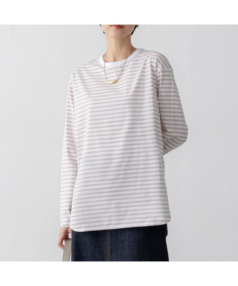 【23区/NIJYUSANKU】の【大好評素材/洗える】コットンベアジャージー ロング Tシャツ インテリア・キッズ・メンズ・レディースファッション・服の通販 founy(ファニー) 　ファッション　Fashion　レディースファッション　Fashion for Women　トップス・カットソー　Cut & Sew Tops　シャツ・ブラウス・オフィスカジュアル　Elegant Blouses & Button-Ups　ロングTシャツ・Tシャツ　Longline T-Shirts & Tees　カットソー・ベーシックTシャツ　Cut-and-Sewn Tops / Stretch Tees & Basics　洗える　Machine Washable　カットソー　Cut and Sewn Top　コンビ　Combo, Combination Style　ストレッチ　Stretch, Stretchy Fabric　スリット　Slit, Slit Detail　雑誌　Magazine, Fashion Magazine　なめらか　Smooth, Silky Texture　ベーシック　Basic, Essential　ペプラム　Peplum, Flared Hem　ボーダー　Border, Stripe　無地　Plain, Solid Color　ロング　Long, Long-Length　A/W・秋冬　Autumn/Winter　S/S・春夏　SS, Spring/Summer, Warm Season　夏　Summer　エレガント 上品　Elegant　ベージュボーダー|ID: prp329100004471257 ipo3291000000032674894