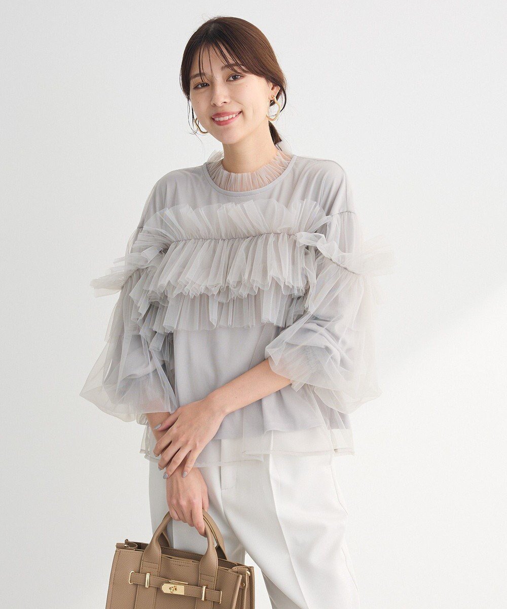 【グリーンパークス/Green Parks】の・ELENCARE DUE チュールドッキングブラウ インテリア・キッズ・メンズ・レディースファッション・服の通販 founy(ファニー) 　ファッション　Fashion　レディースファッション　Fashion for Women　トップス・カットソー　Cut & Sew Tops　シャツ・ブラウス・オフィスカジュアル　Elegant Blouses & Button-Ups　おすすめ　Recommended / Our Picks　ギャザー　Gathered, Ruffled　チュール　Tulip, Tulip Motif　デニム　Denim, Jeans Material　ドッキング　Docking, Mixed Material　フェミニン　Feminine, Girly　ポケット　Pocket, Pocket Detail　夏　Summer　春　Spring　S/S・春夏　SS, Spring/Summer, Warm Season　Light Gray|ID: prp329100004472033 ipo3291000000032617134