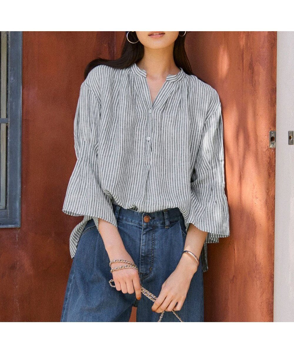 【23区/NIJYUSANKU】の【洗える】LIBECO タックスリーブ シャツ インテリア・キッズ・メンズ・レディースファッション・服の通販 founy(ファニー) 　ファッション　Fashion　レディースファッション　WOMEN　トップス・カットソー　Tops/Tshirt　シャツ/ブラウス　Shirts/Blouses　春　Spring　洗える　Washable　クロップド　Cropped　ストライプ　Stripe　スリーブ　Sleeve　バランス　Balance　ベーシック　Basic　無地　Plain Color　ラベンダー　Lavender　リネン　Linen　S/S・春夏　Ss・Spring/Summer　夏　Summer　2025年　2025　2025春夏・S/S　Ss,Spring/Summer,2025　ダークグリーンストライプ|ID: prp329100004473705 ipo3291000000031910689