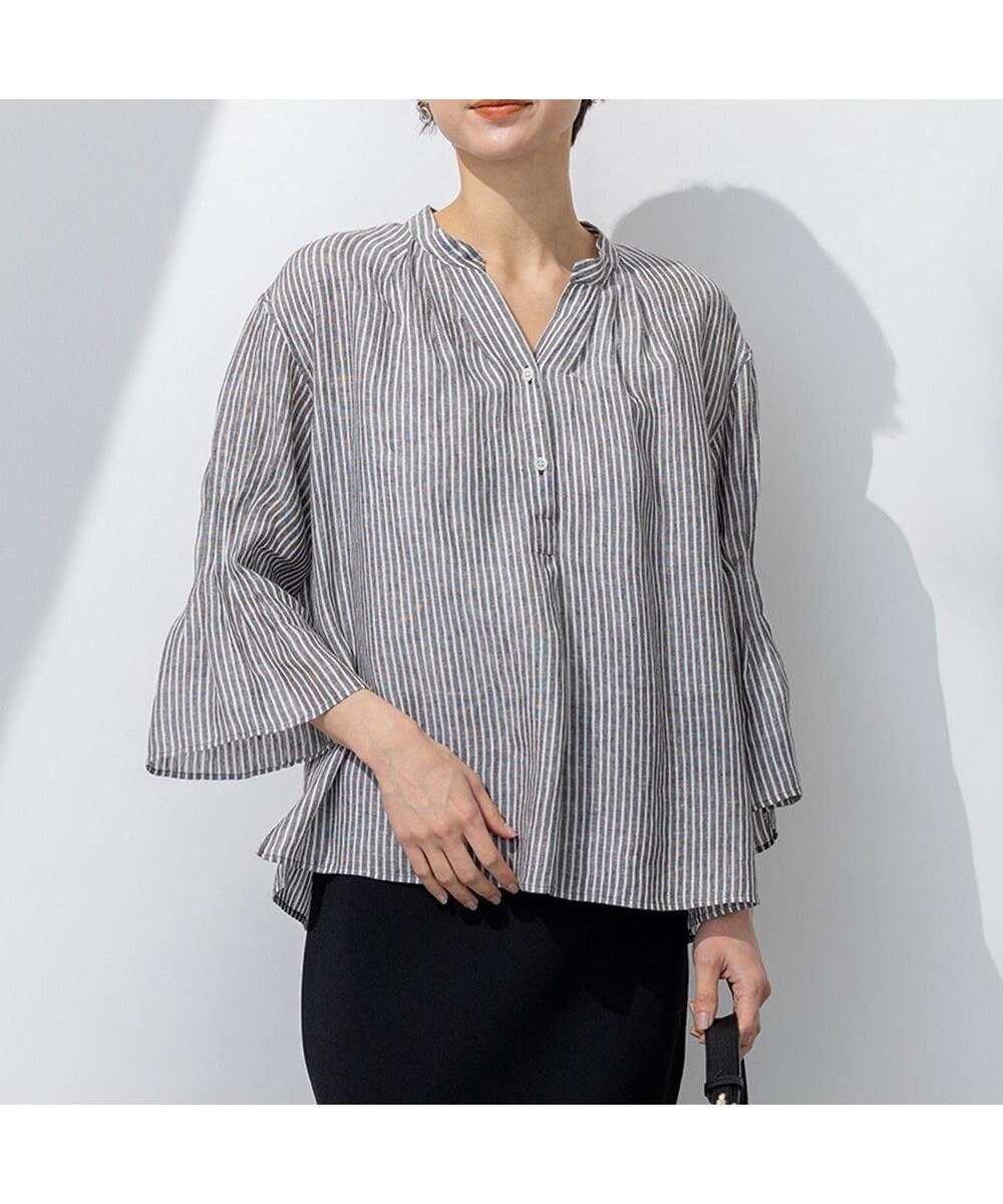 【23区/NIJYUSANKU】の【洗える】LIBECO タックスリーブ シャツ インテリア・キッズ・メンズ・レディースファッション・服の通販 founy(ファニー) 　ファッション　Fashion　レディースファッション　Fashion for Women　トップス・カットソー　Cut & Sew Tops　シャツ・ブラウス・オフィスカジュアル　Elegant Blouses & Button-Ups　春　Spring　洗える　Machine Washable　クロップド　Cropped, Short Length　ストライプ　Stripe, Striped Pattern　スリーブ　Sleeve, Long Sleeve / Short Sleeve　バランス　Balance, Style Balance　ベーシック　Basic, Essential　無地　Plain, Solid Color　ラベンダー　Lavender　リネン　Linen, Linen Fabric　S/S・春夏　SS, Spring/Summer, Warm Season　夏　Summer　2025年　2025　2025春夏・S/S　Spring/Summer 2025 SS25　ダークブラウンストライプ|ID: prp329100004473705 ipo3291000000032758039